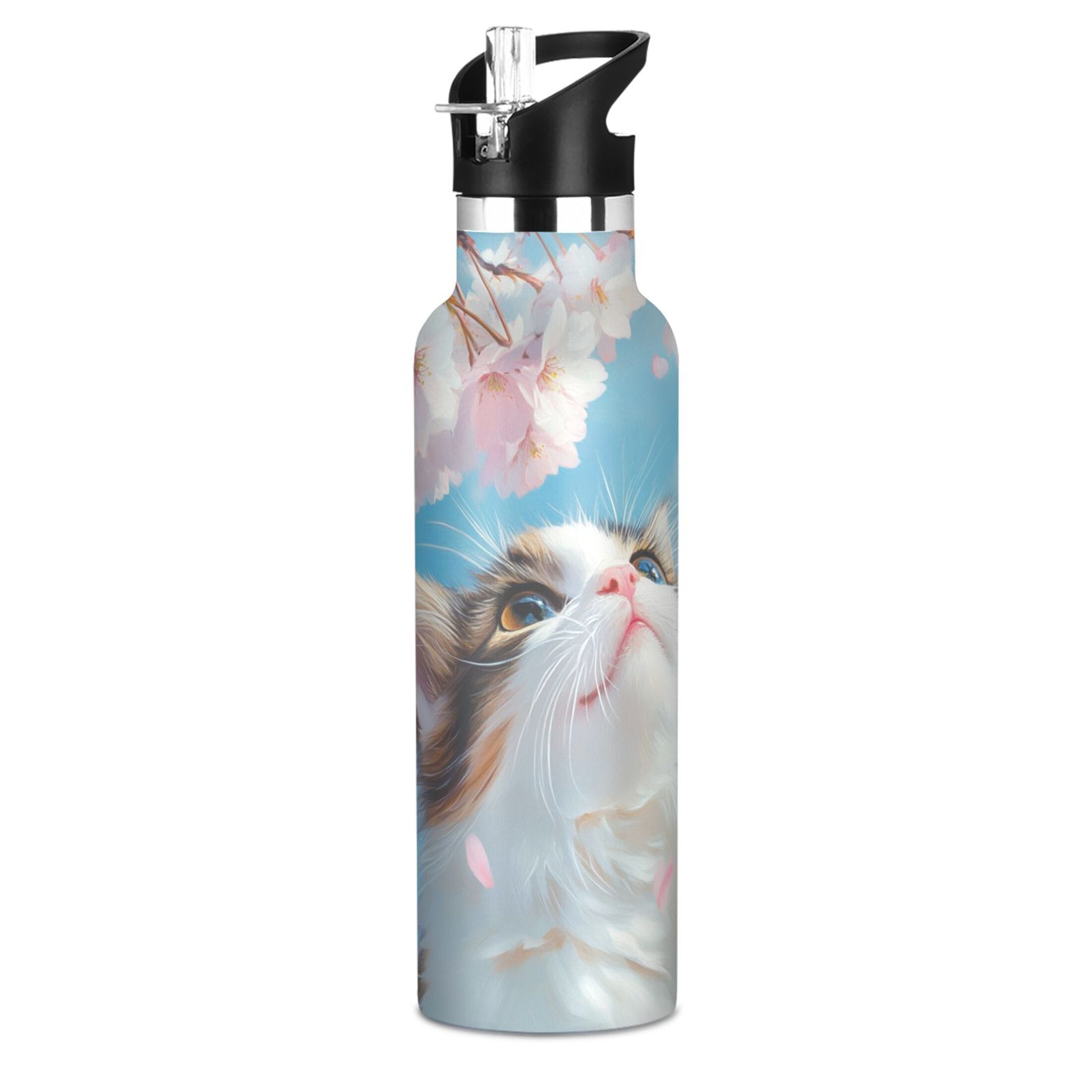 600ML Stainless Steel Insulated Cup Sports Water Bottle Portable Thermos Cup Water Glasses Insulated Tumblers Convenient and Durable Cherry Blossom White Cat