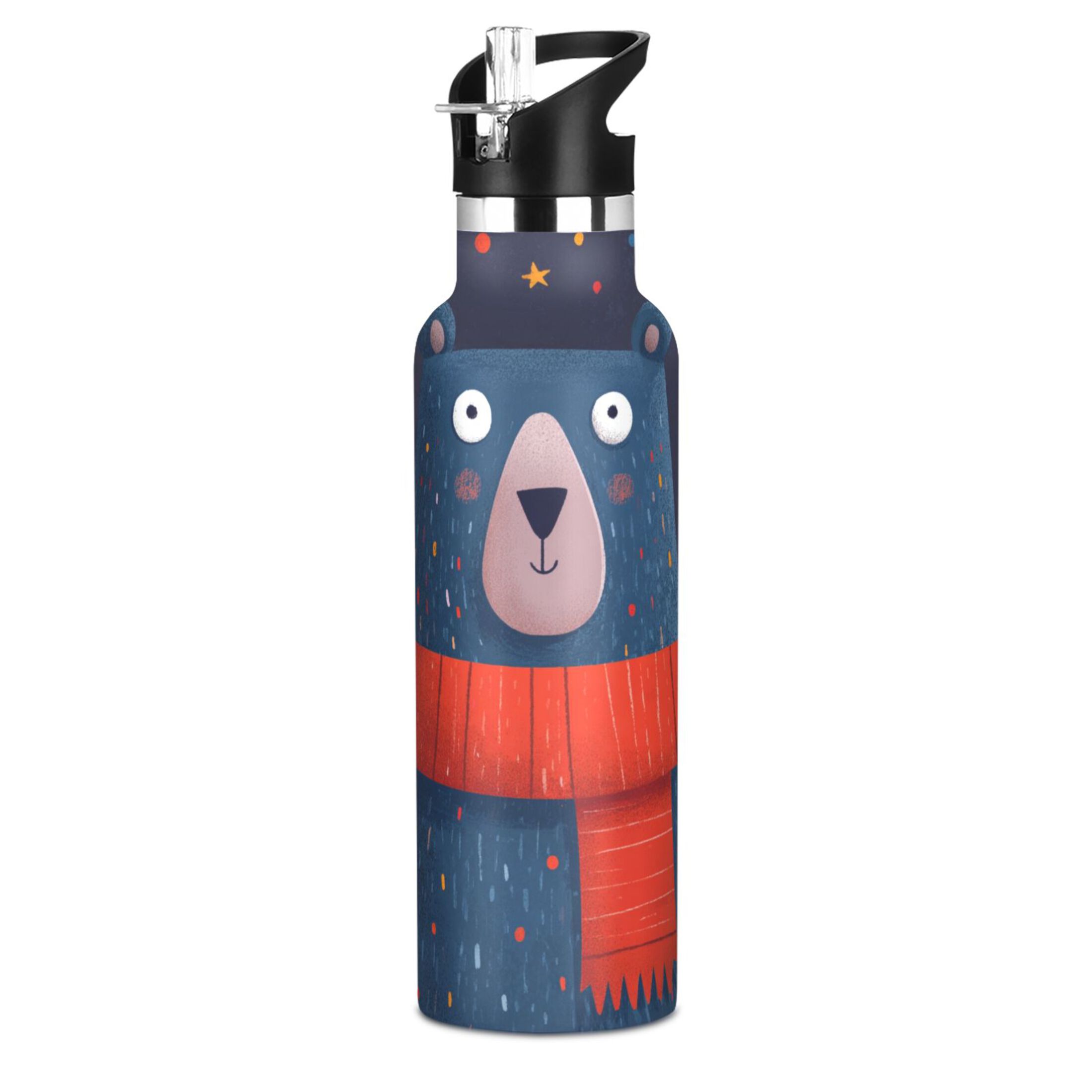 600ML Stainless Steel Insulated Cup Sports Water Bottle Portable Thermos Cup Water Glasses Insulated Tumblers Convenient and Durable Christmas Blue Bear