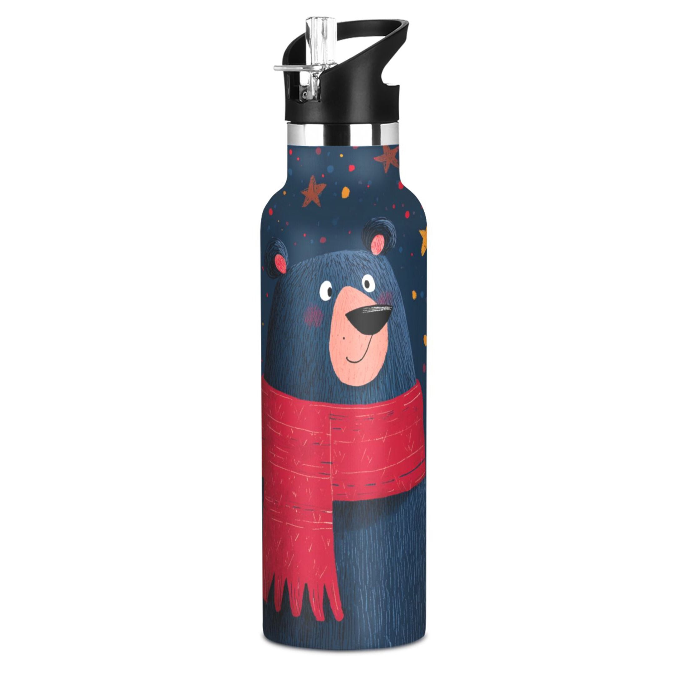 600ML Stainless Steel Insulated Cup Sports Water Bottle Portable Thermos Cup Water Glasses Insulated Tumblers Convenient and Durable Christmas Blue Cartoon Bear