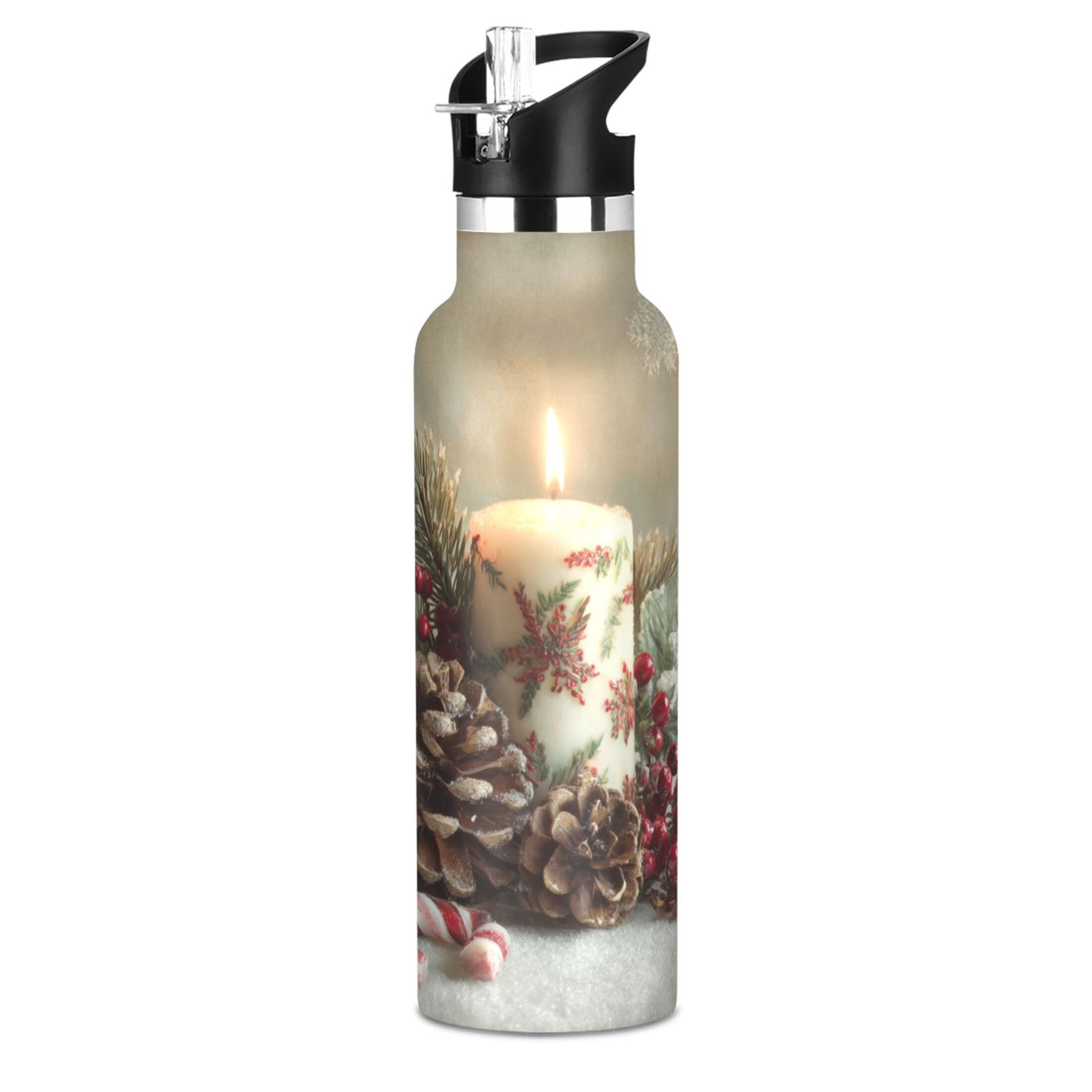 600ML Stainless Steel Insulated Cup Sports Water Bottle Portable Thermos Cup Water Glasses Insulated Tumblers Convenient and Durable Christmas Candle Pattern