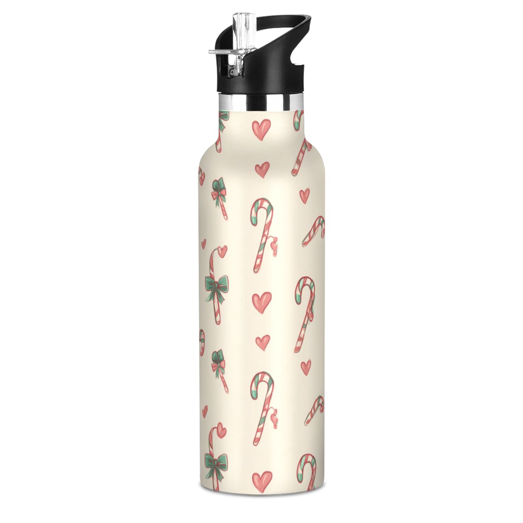 600ML Stainless Steel Insulated Cup Sports Water Bottle Portable Thermos Cup Water Glasses Insulated Tumblers Convenient and Durable Christmas Candy Cane