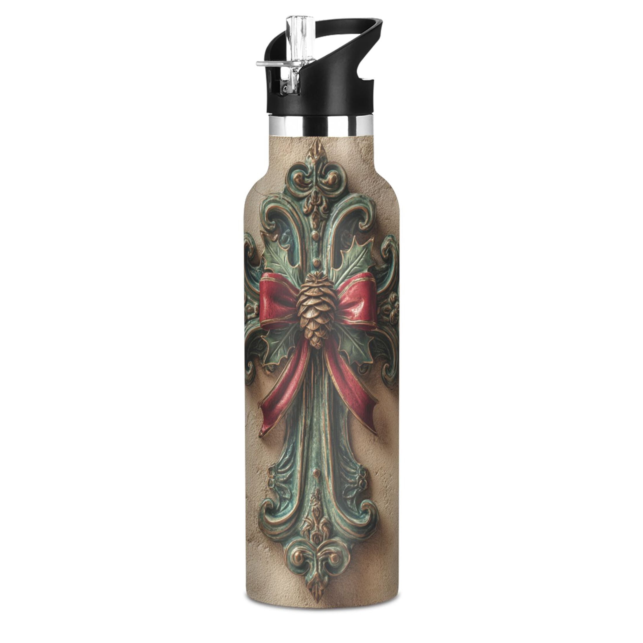 600ML Stainless Steel Insulated Cup Sports Water Bottle Portable Thermos Cup Water Glasses Insulated Tumblers Convenient and Durable Christmas Cross Beautiful