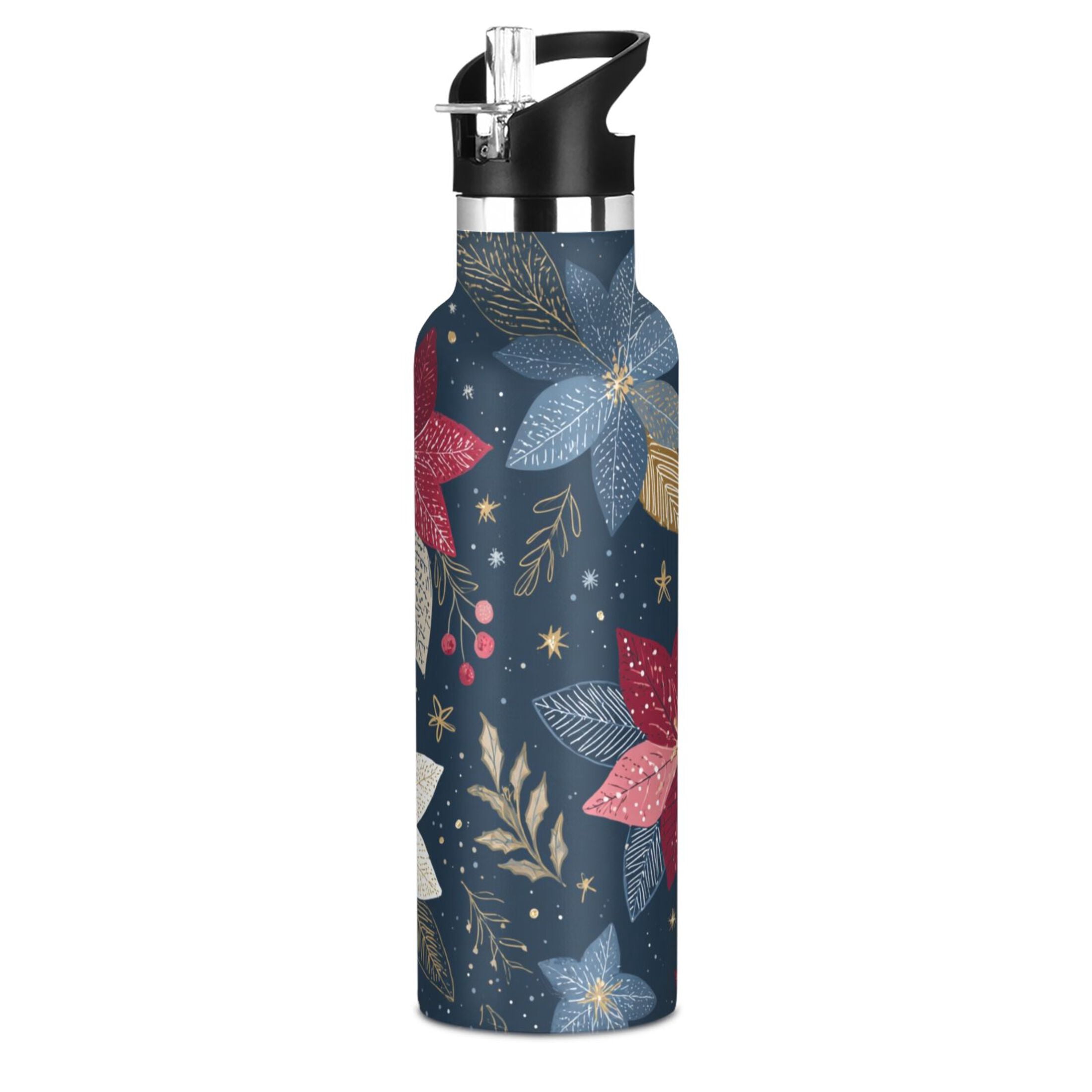 600ML Stainless Steel Insulated Cup Sports Water Bottle Portable Thermos Cup Water Glasses Insulated Tumblers Convenient and Durable Christmas Flowers Are Colorful