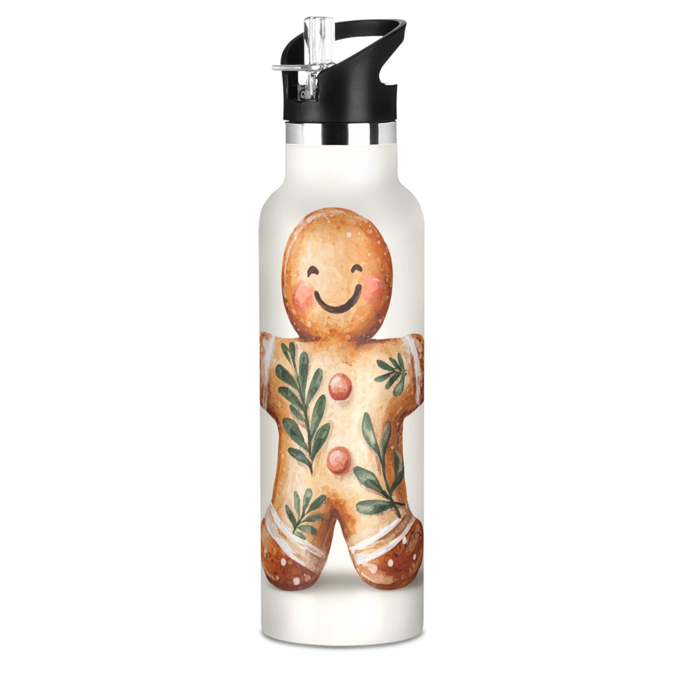 600ML Stainless Steel Insulated Cup Sports Water Bottle Portable Thermos Cup Water Glasses Insulated Tumblers Convenient and Durable Christmas Gingerbread Man Beautiful