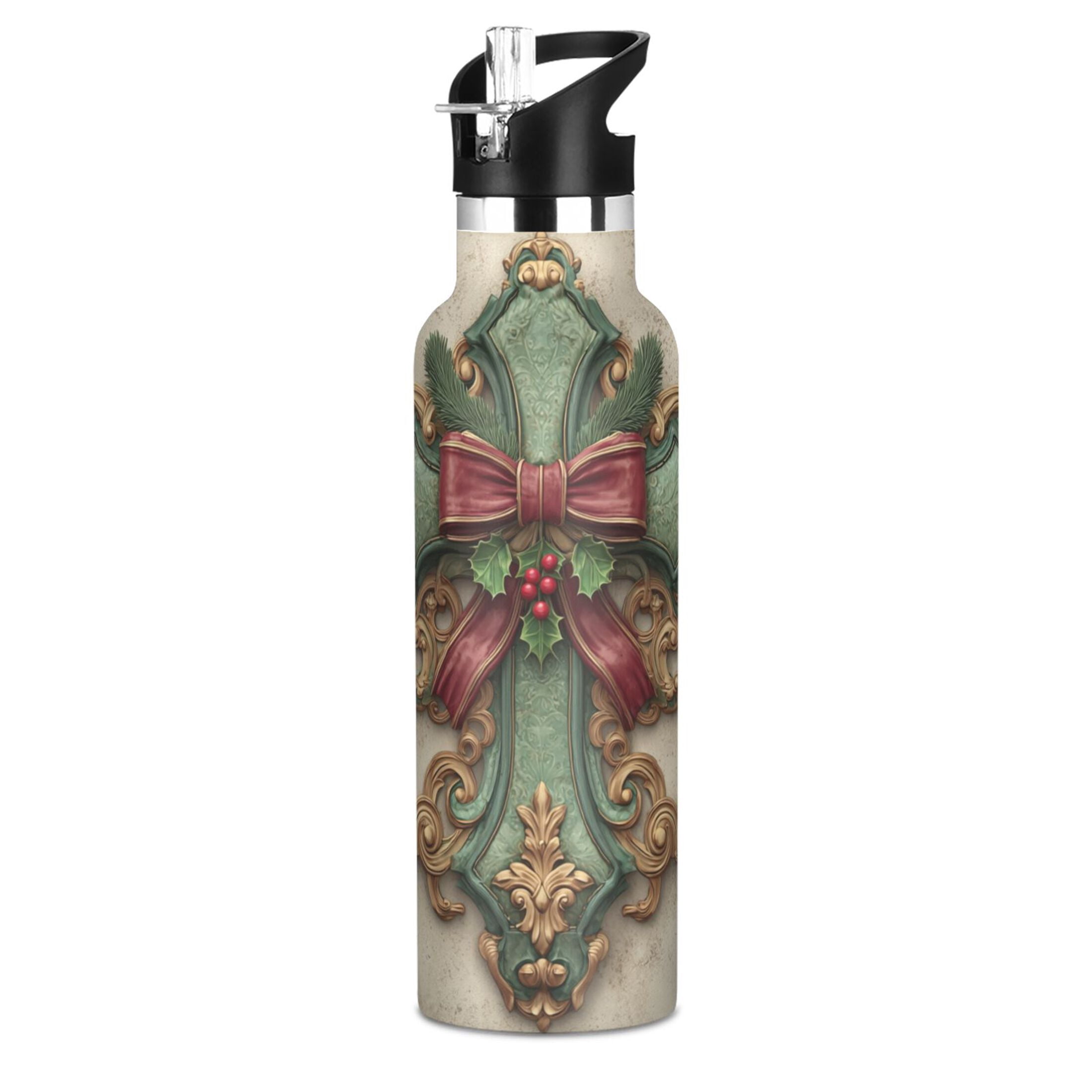 600ML Stainless Steel Insulated Cup Sports Water Bottle Portable Thermos Cup Water Glasses Insulated Tumblers Convenient and Durable Christmas Green Cross Cartoon
