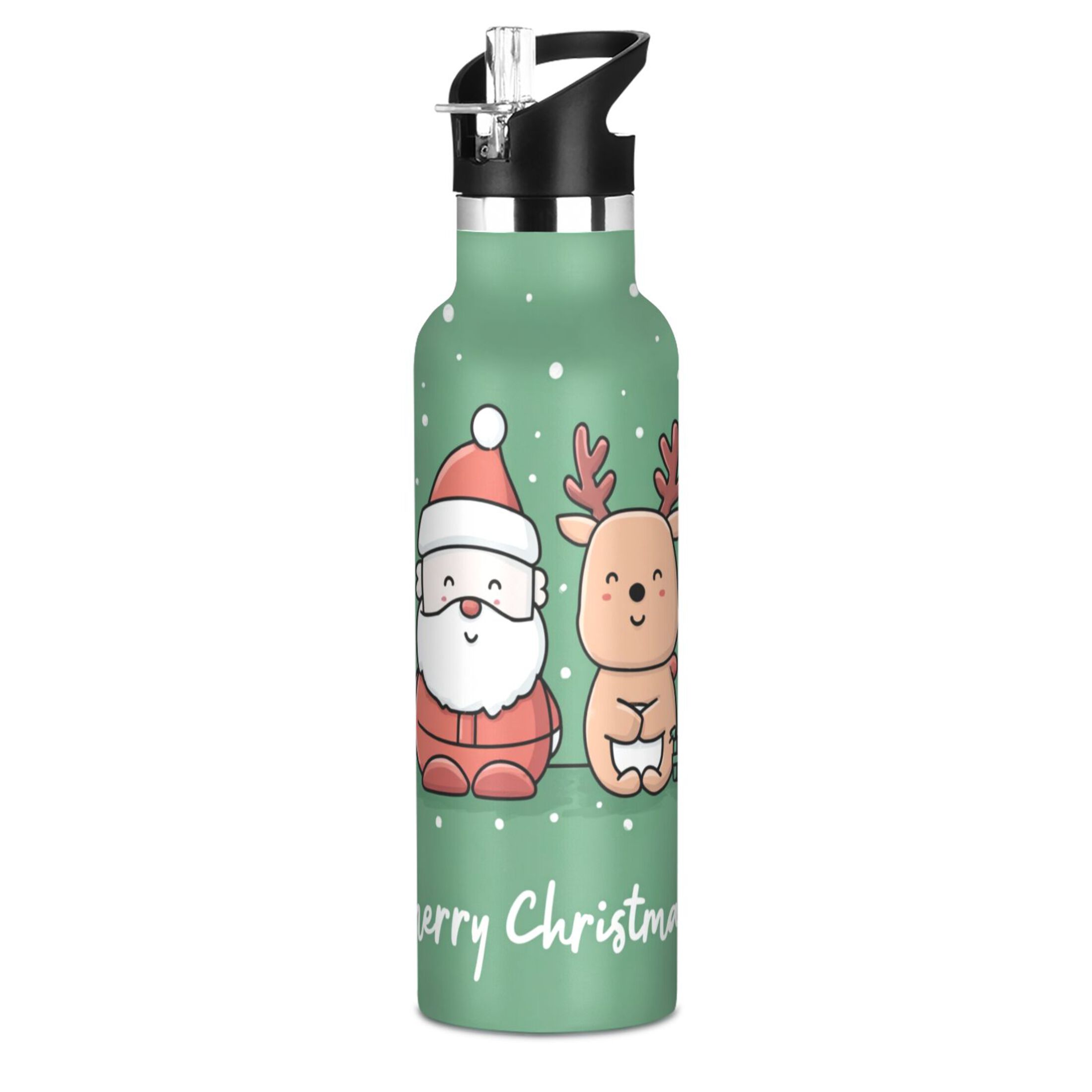 600ML Stainless Steel Insulated Cup Sports Water Bottle Portable Thermos Cup Water Glasses Insulated Tumblers Convenient and Durable Christmas Reindeer Cartoon