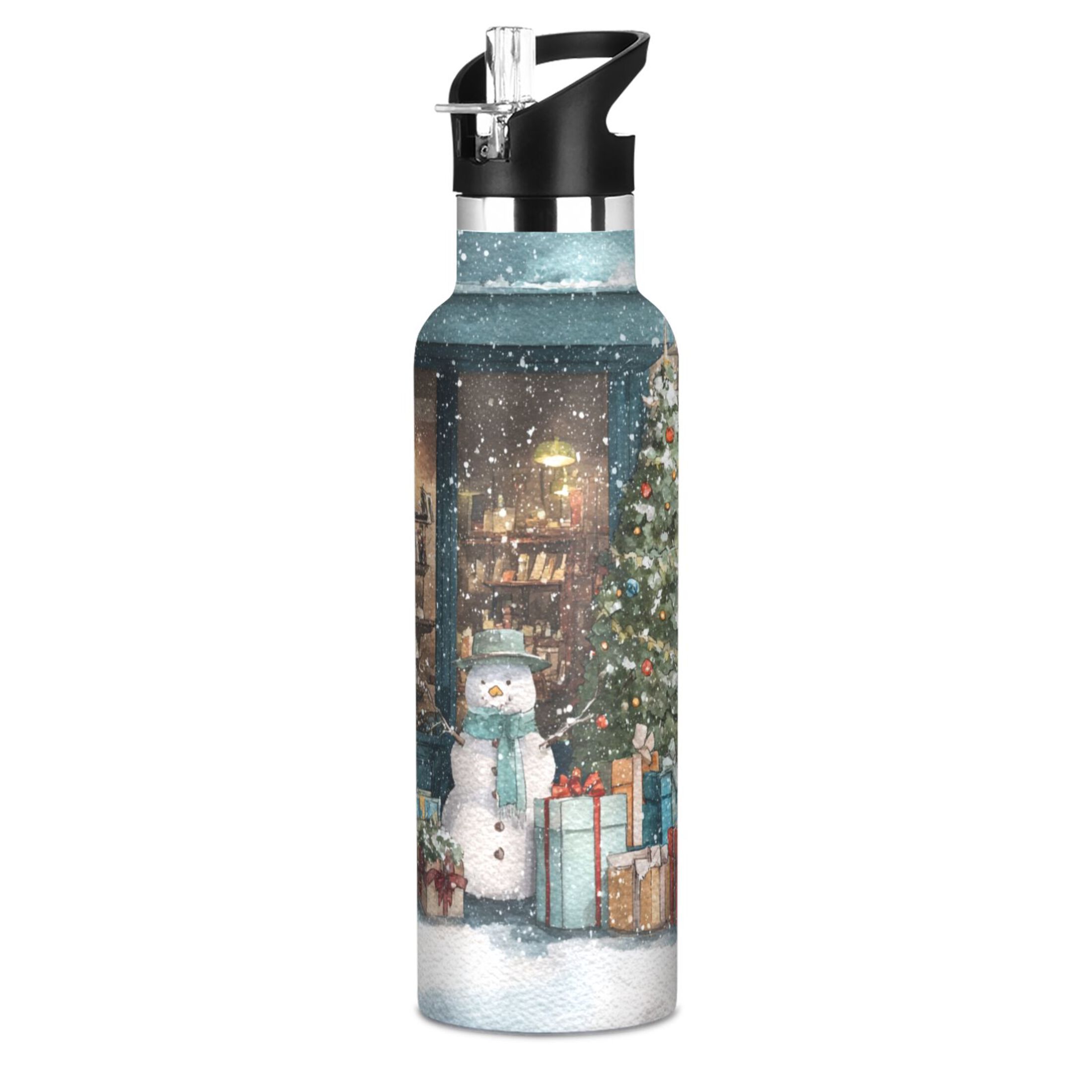 600ML Stainless Steel Insulated Cup Sports Water Bottle Portable Thermos Cup Water Glasses Insulated Tumblers Convenient and Durable Christmas Snow Night