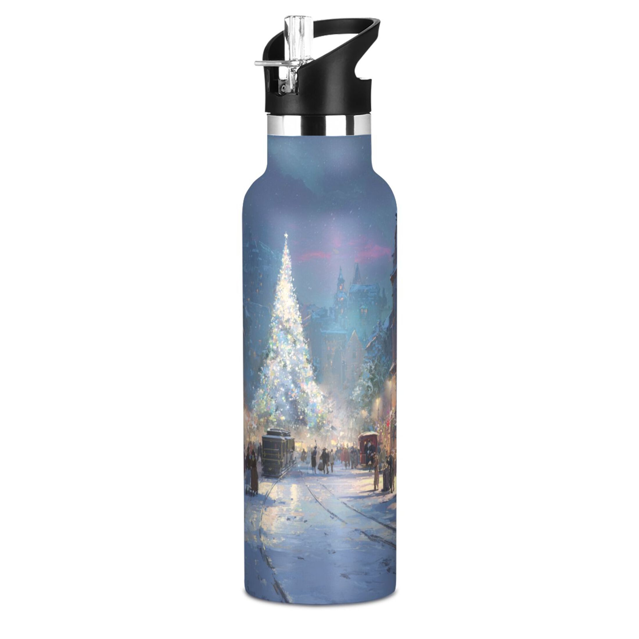 600ML Stainless Steel Insulated Cup Sports Water Bottle Portable Thermos Cup Water Glasses Insulated Tumblers Convenient and Durable Christmas Snow Scene