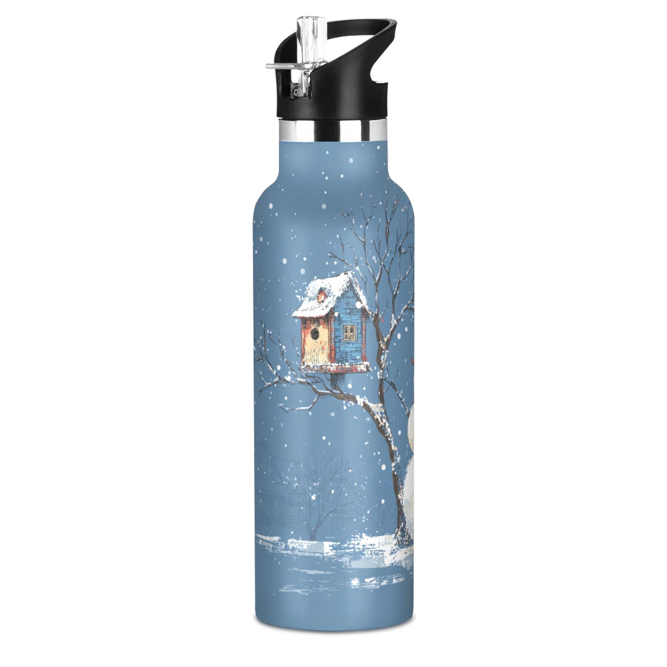 600ML Stainless Steel Insulated Cup Sports Water Bottle Portable Thermos Cup Water Glasses Insulated Tumblers Convenient and Durable Christmas Snowman and Bird Cartoon