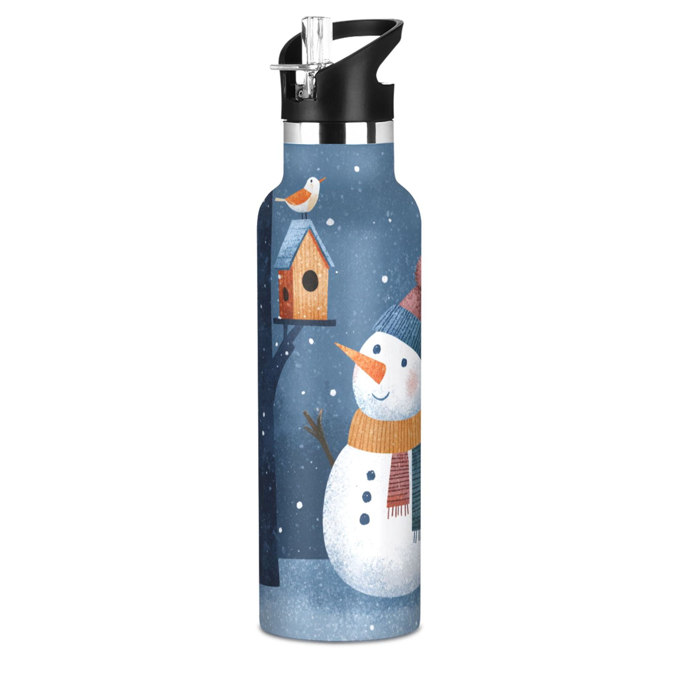 600ML Stainless Steel Insulated Cup Sports Water Bottle Portable Thermos Cup Water Glasses Insulated Tumblers Convenient and Durable Christmas Snowmen and Bird
