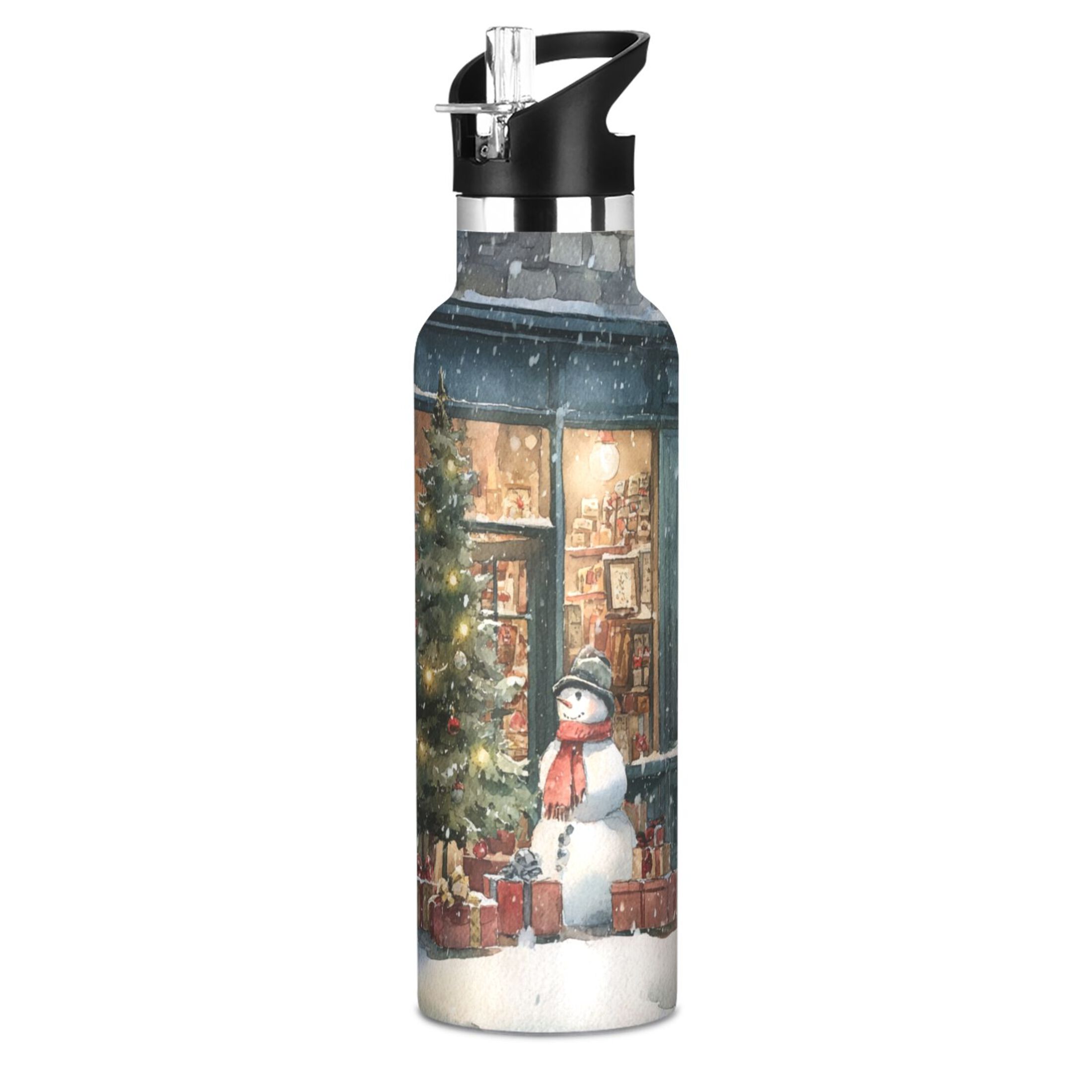 600ML Stainless Steel Insulated Cup Sports Water Bottle Portable Thermos Cup Water Glasses Insulated Tumblers Convenient and Durable Christmas Street Scene