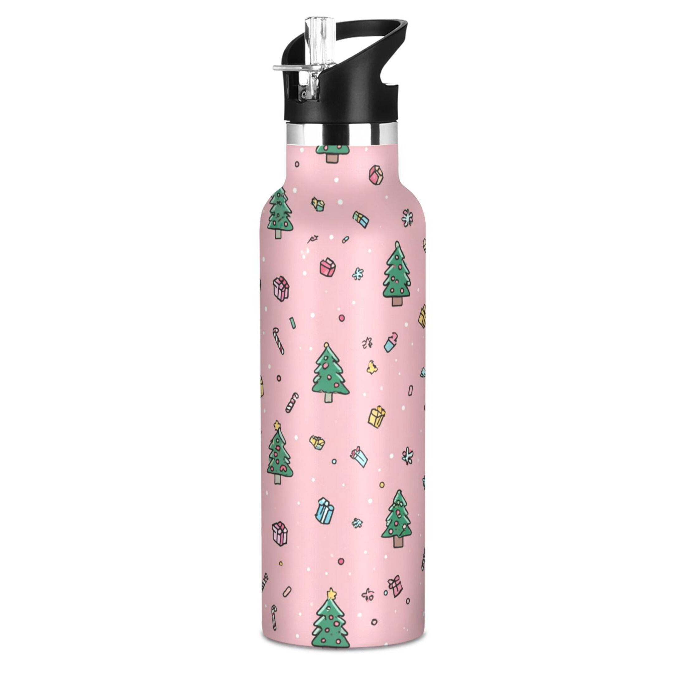600ML Stainless Steel Insulated Cup Sports Water Bottle Portable Thermos Cup Water Glasses Insulated Tumblers Convenient and Durable Christmas Tree Green