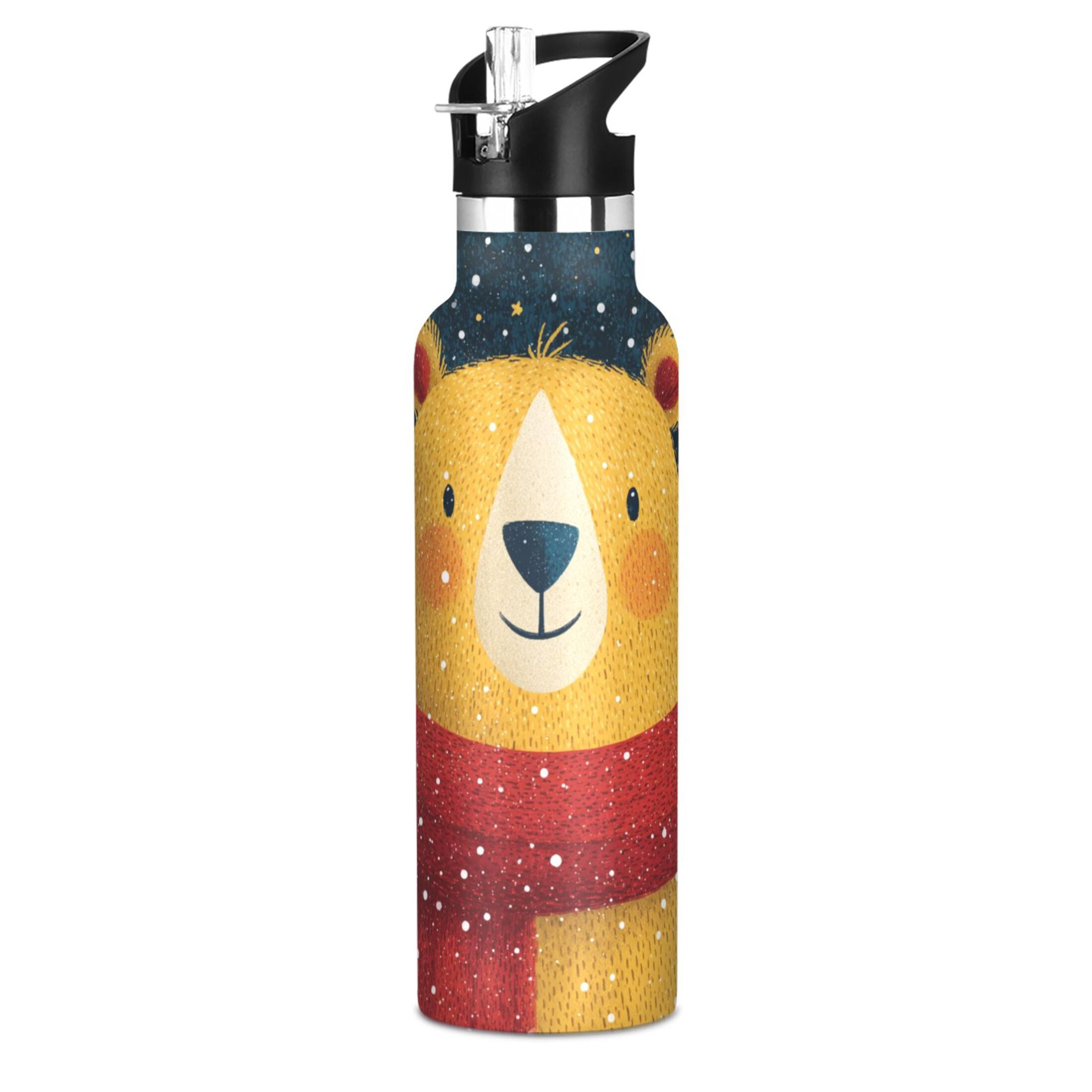 600ML Stainless Steel Insulated Cup Sports Water Bottle Portable Thermos Cup Water Glasses Insulated Tumblers Convenient and Durable Christmas Yellow Bear