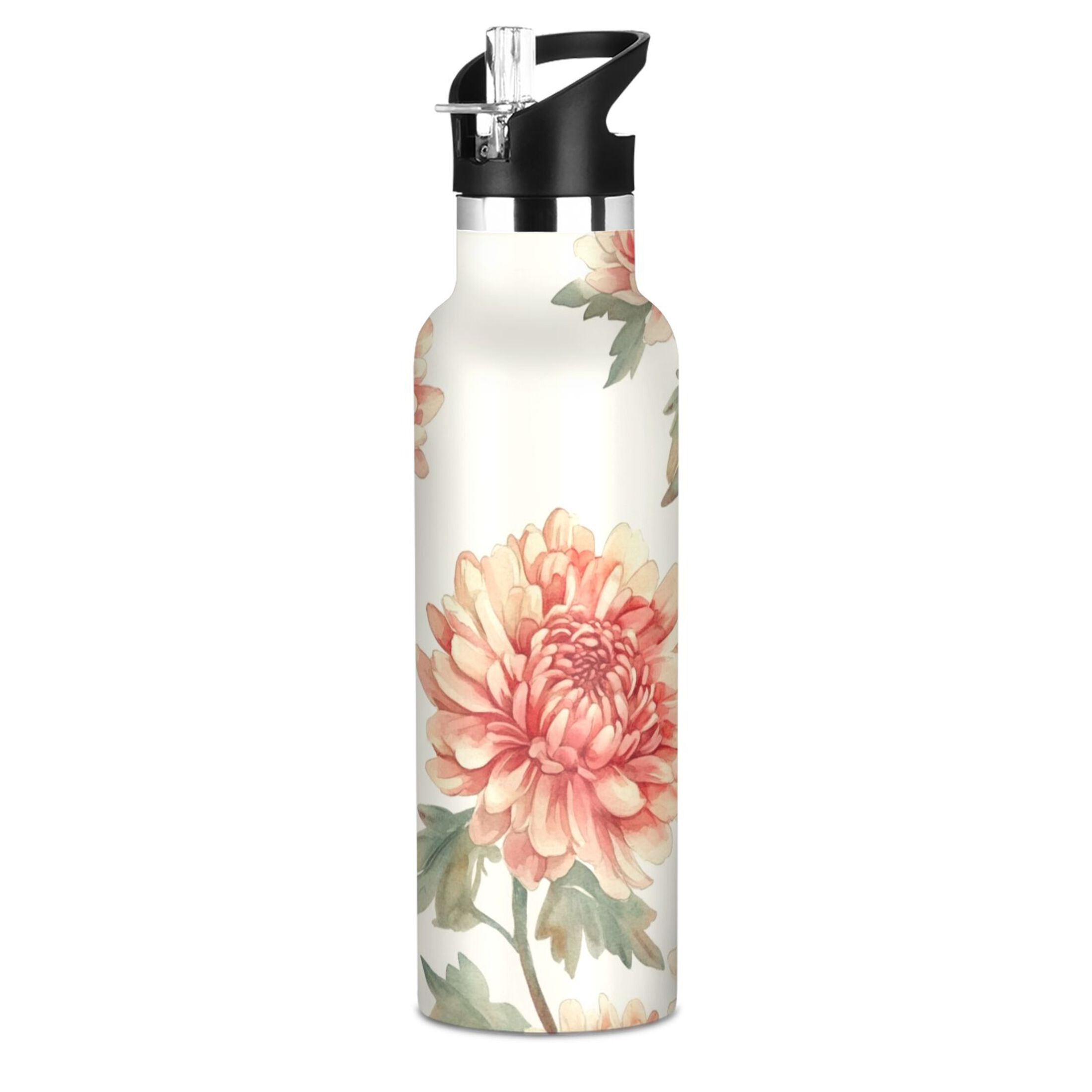 600ML Stainless Steel Insulated Cup Sports Water Bottle Portable Thermos Cup Water Glasses Insulated Tumblers Convenient and Durable Chrysanthemum Orange