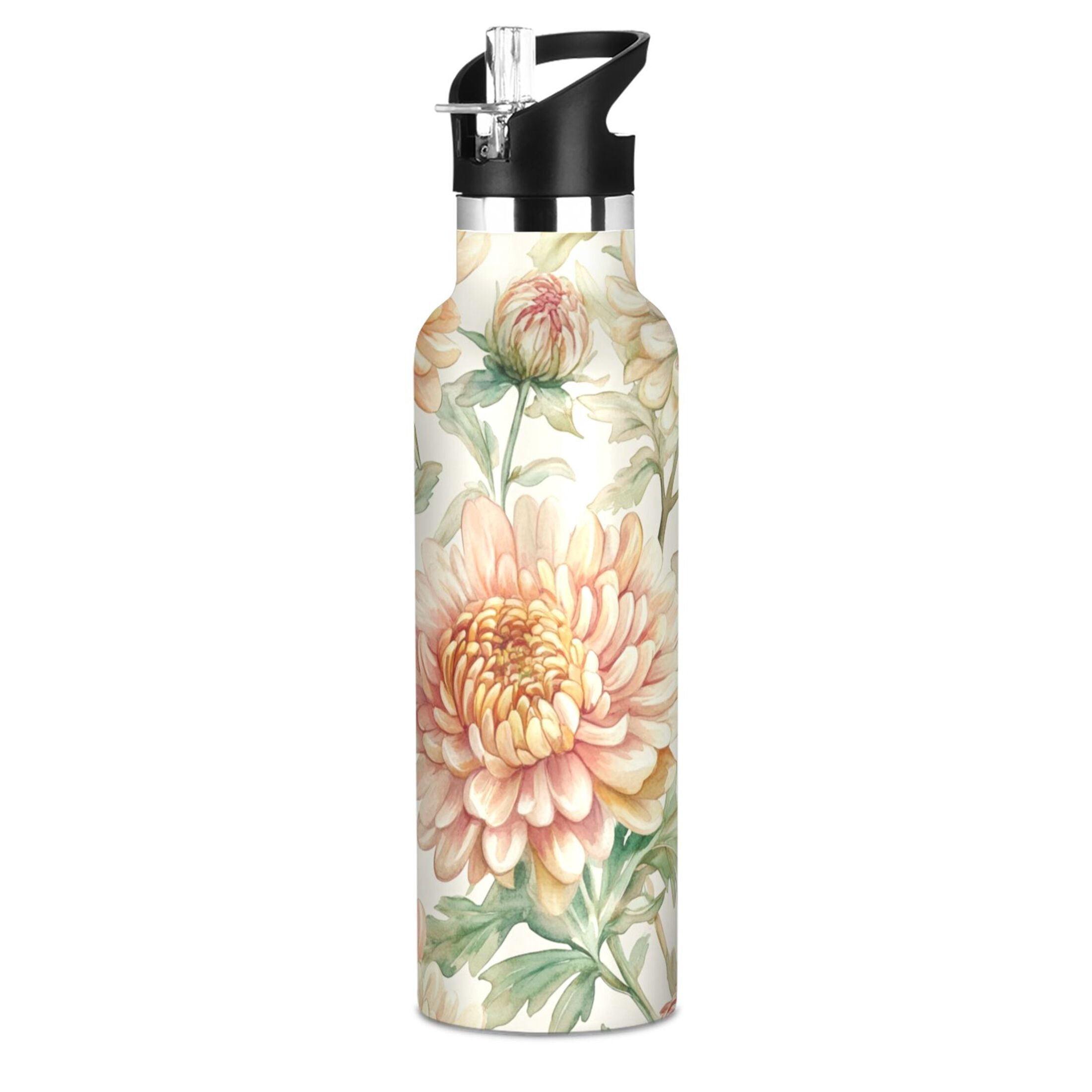 600ML Stainless Steel Insulated Cup Sports Water Bottle Portable Thermos Cup Water Glasses Insulated Tumblers Convenient and Durable Chrysanthemums Beige