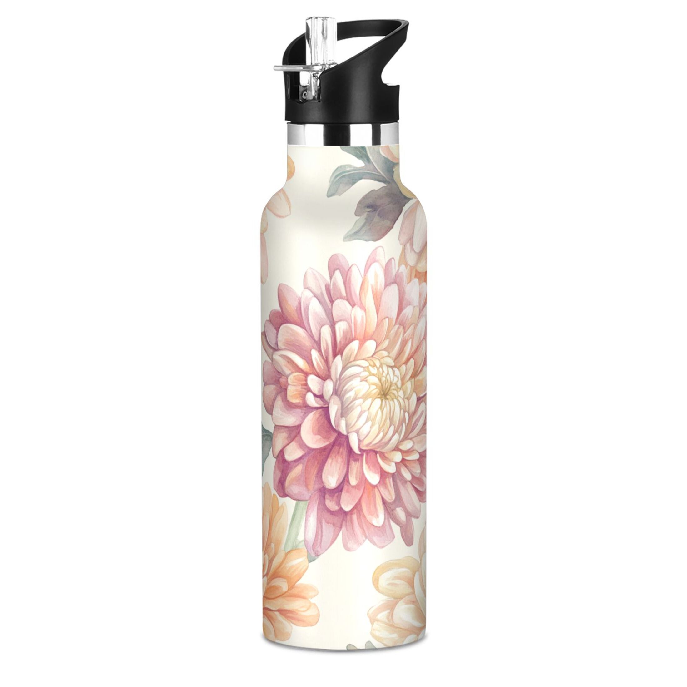 600ML Stainless Steel Insulated Cup Sports Water Bottle Portable Thermos Cup Water Glasses Insulated Tumblers Convenient and Durable Chrysanthemums Brown
