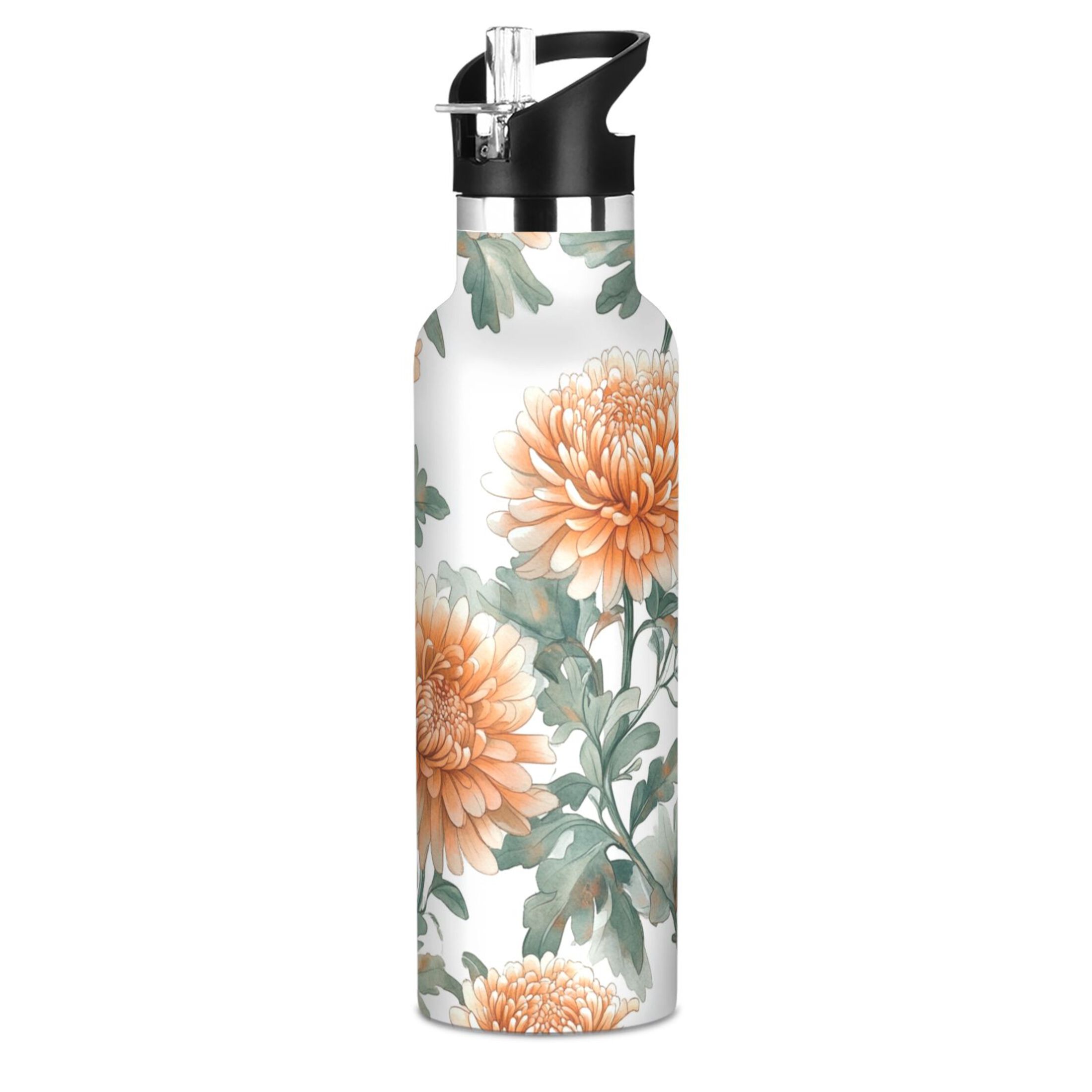 600ML Stainless Steel Insulated Cup Sports Water Bottle Portable Thermos Cup Water Glasses Insulated Tumblers Convenient and Durable Chrysanthemums Coral