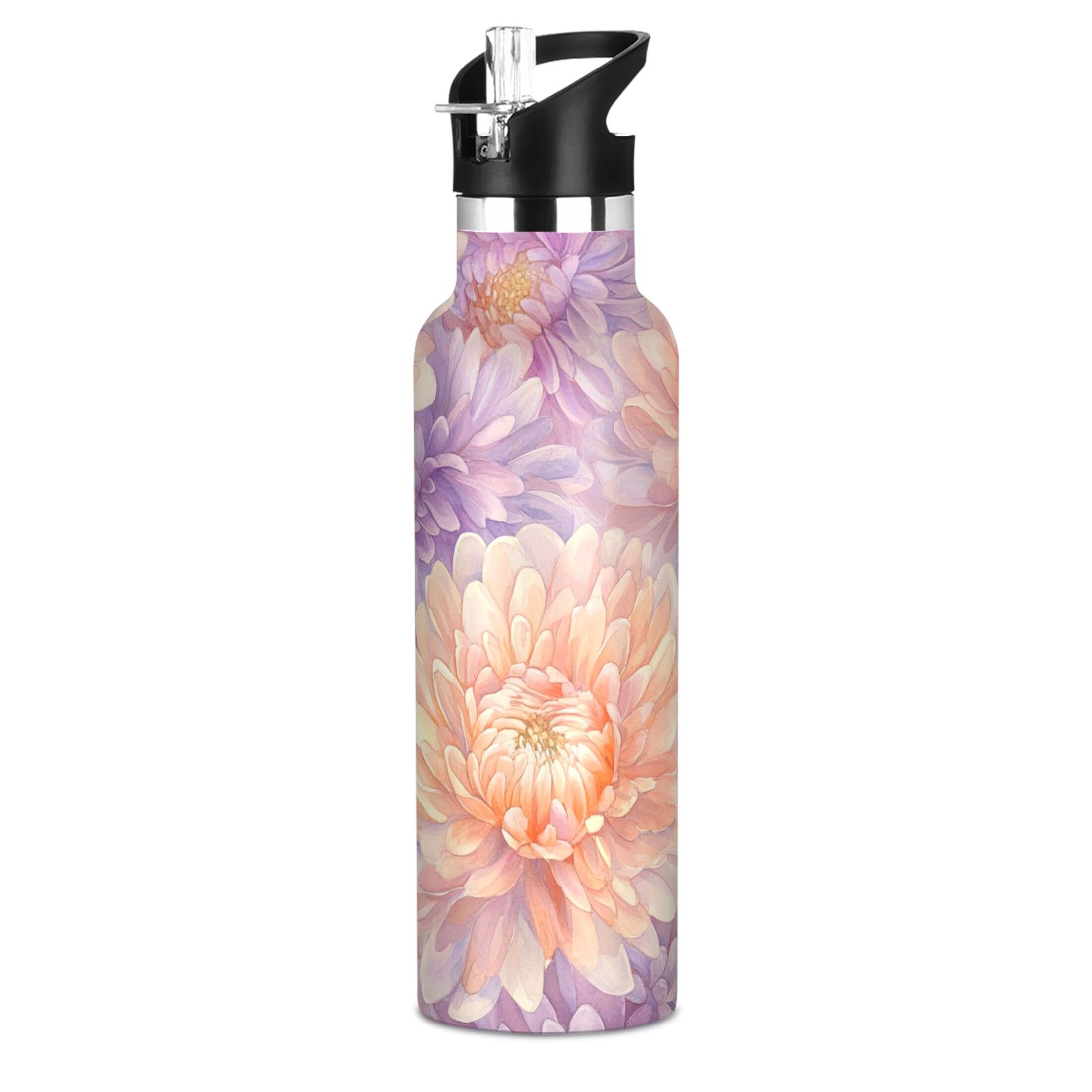 600ML Stainless Steel Insulated Cup Sports Water Bottle Portable Thermos Cup Water Glasses Insulated Tumblers Convenient and Durable Chrysanthemums Cream