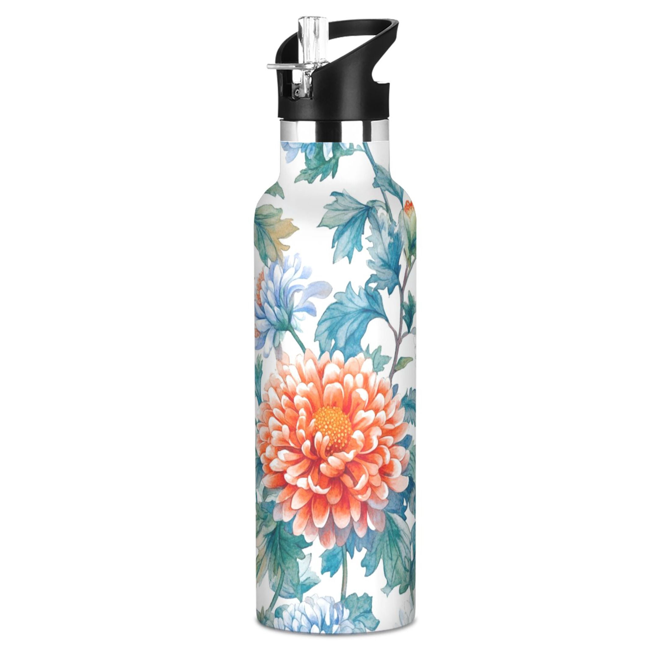 600ML Stainless Steel Insulated Cup Sports Water Bottle Portable Thermos Cup Water Glasses Insulated Tumblers Convenient and Durable Chrysanthemums Maroon