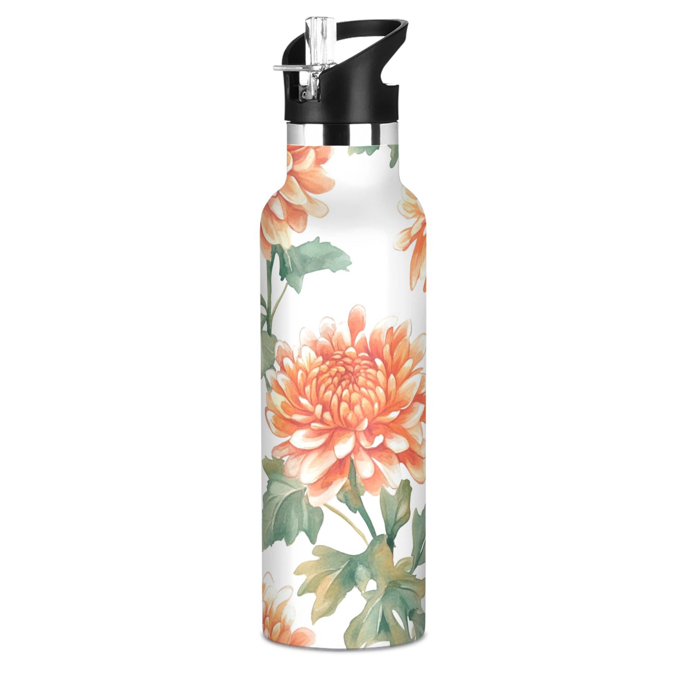 600ML Stainless Steel Insulated Cup Sports Water Bottle Portable Thermos Cup Water Glasses Insulated Tumblers Convenient and Durable Chrysanthemums Orange