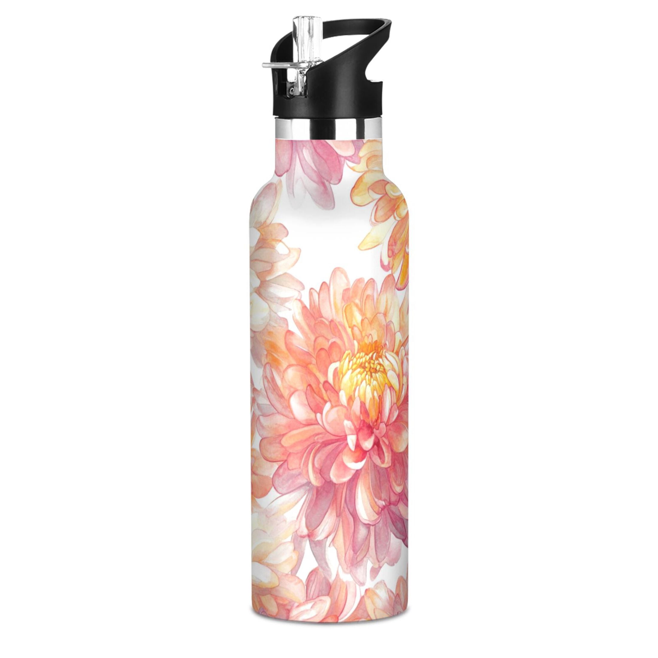 600ML Stainless Steel Insulated Cup Sports Water Bottle Portable Thermos Cup Water Glasses Insulated Tumblers Convenient and Durable Chrysanthemums Pink