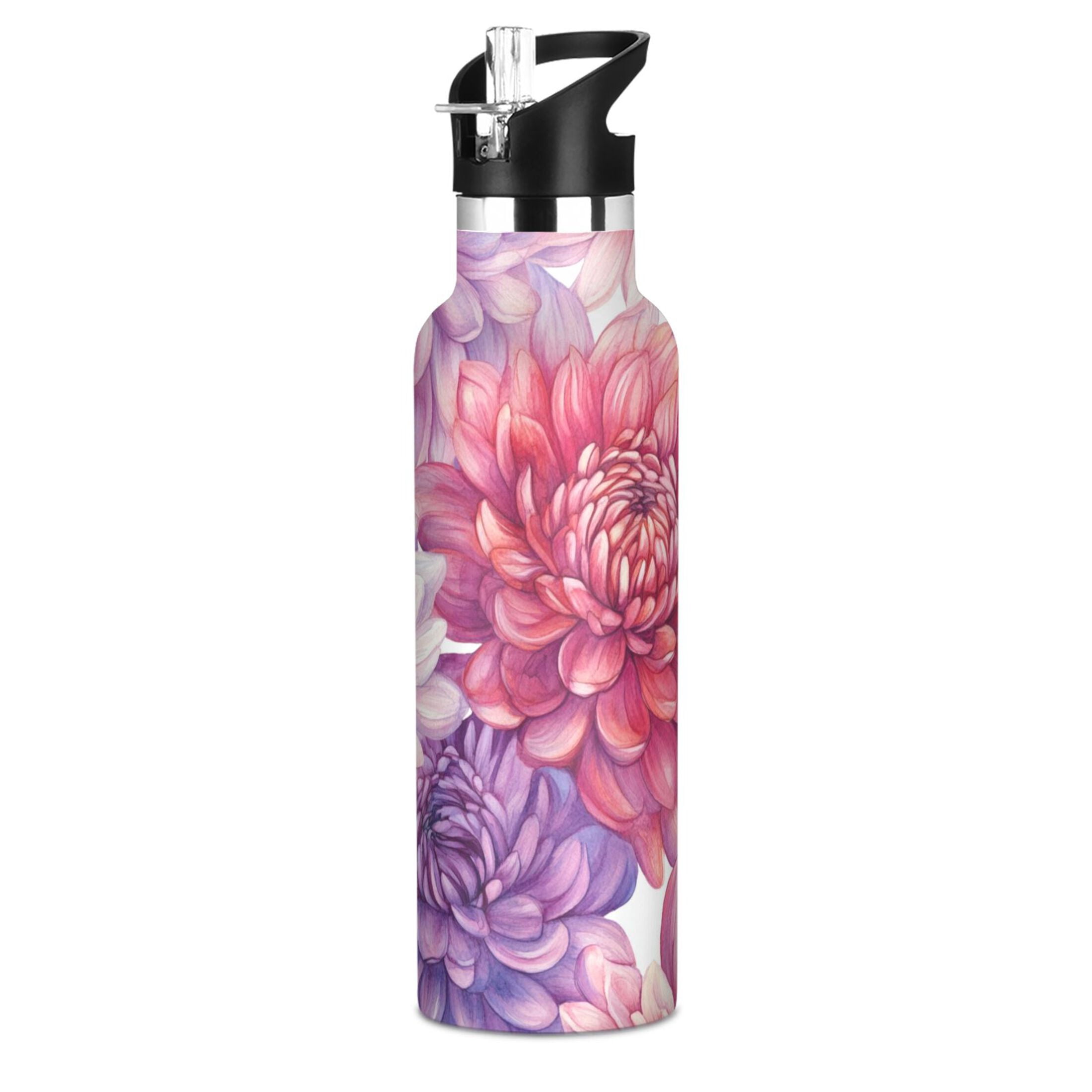 600ML Stainless Steel Insulated Cup Sports Water Bottle Portable Thermos Cup Water Glasses Insulated Tumblers Convenient and Durable Chrysanthemums Purple