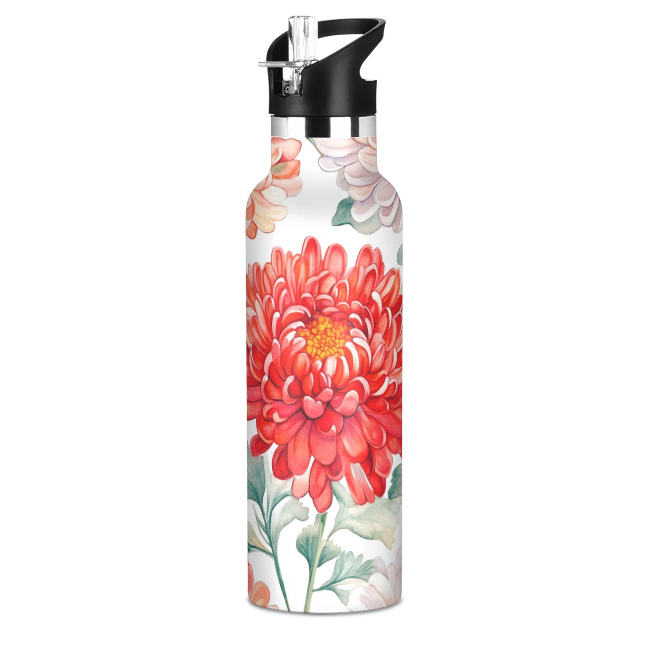 600ML Stainless Steel Insulated Cup Sports Water Bottle Portable Thermos Cup Water Glasses Insulated Tumblers Convenient and Durable Chrysanthemums Red