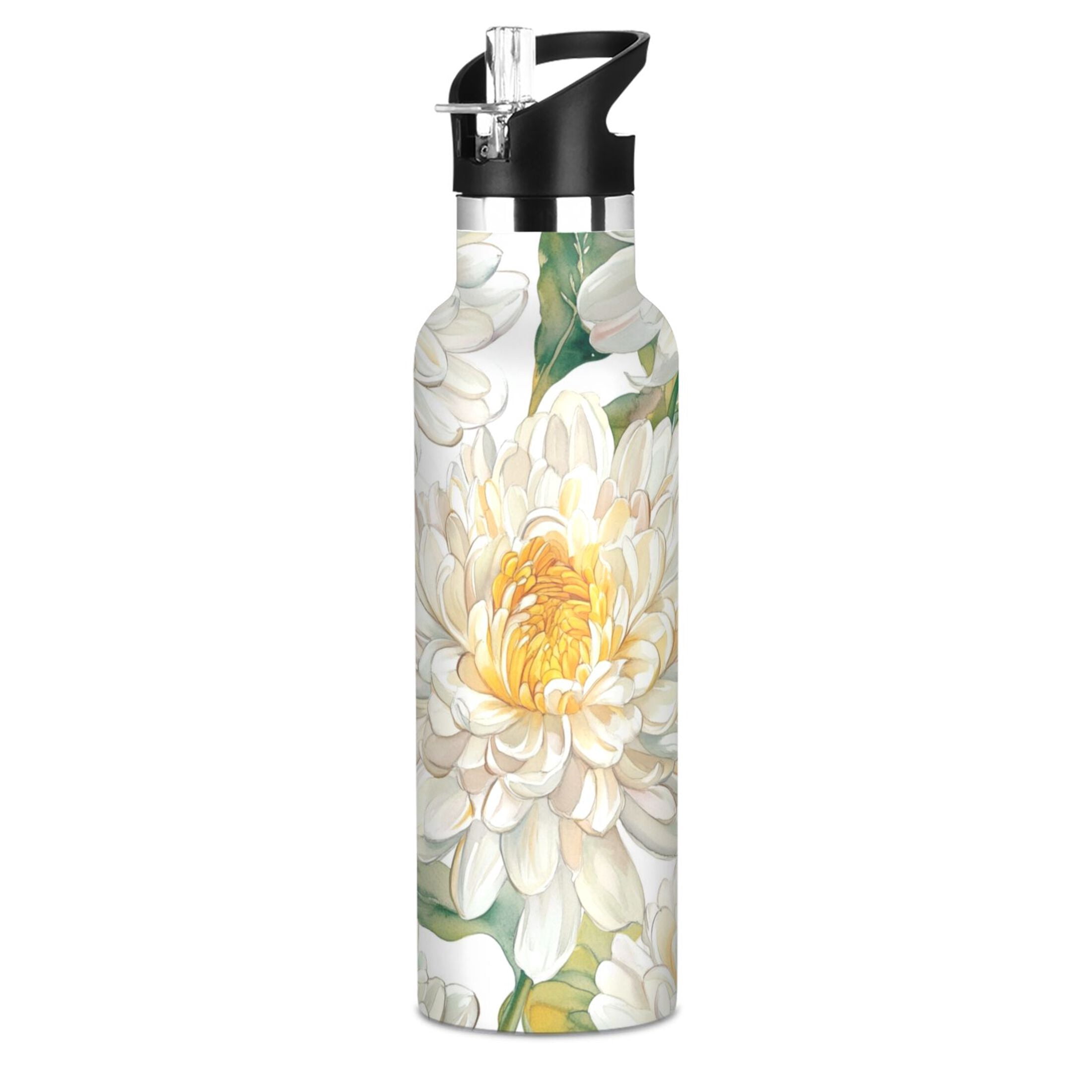600ML Stainless Steel Insulated Cup Sports Water Bottle Portable Thermos Cup Water Glasses Insulated Tumblers Convenient and Durable Chrysanthemums White