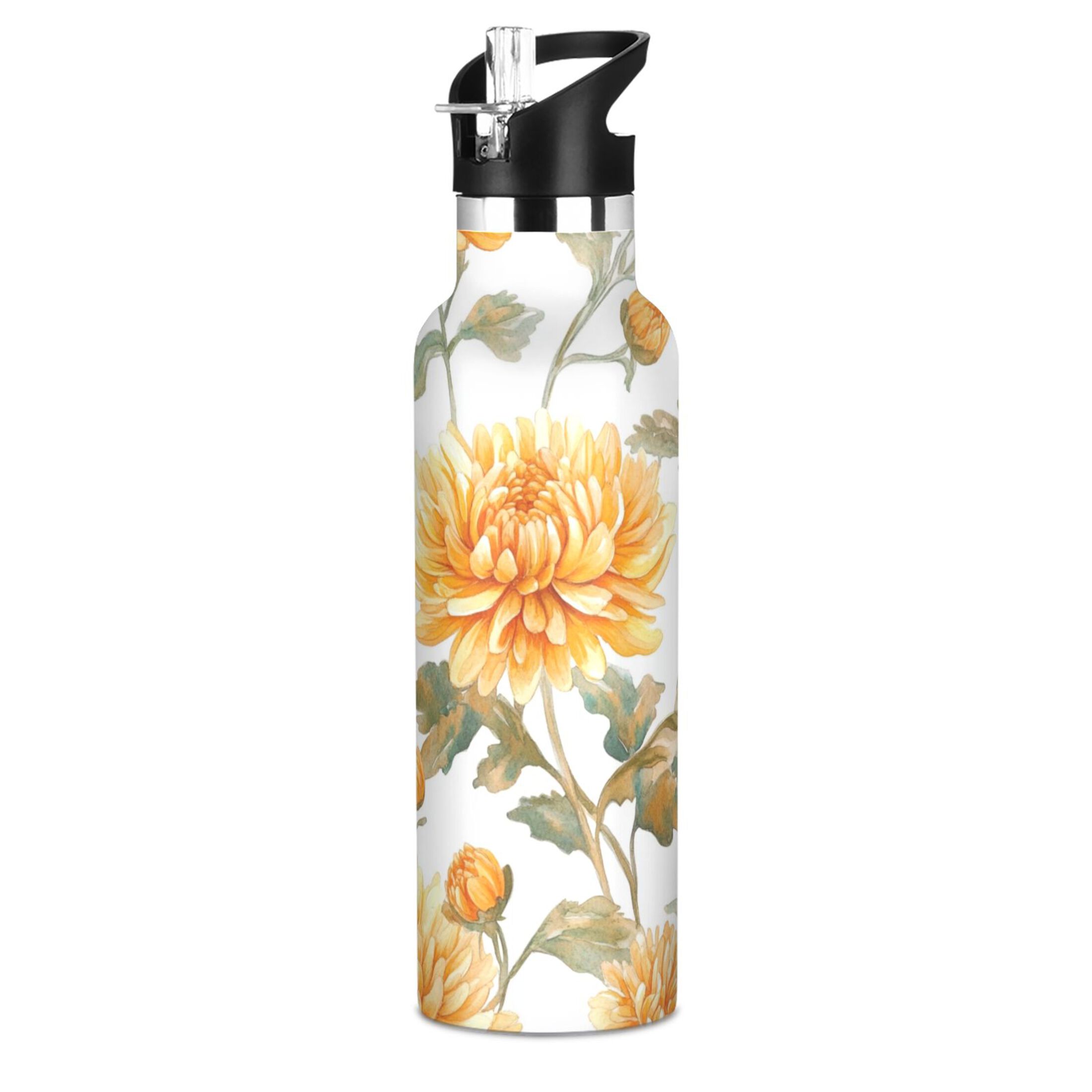 600ML Stainless Steel Insulated Cup Sports Water Bottle Portable Thermos Cup Water Glasses Insulated Tumblers Convenient and Durable Chrysanthemums Yellow