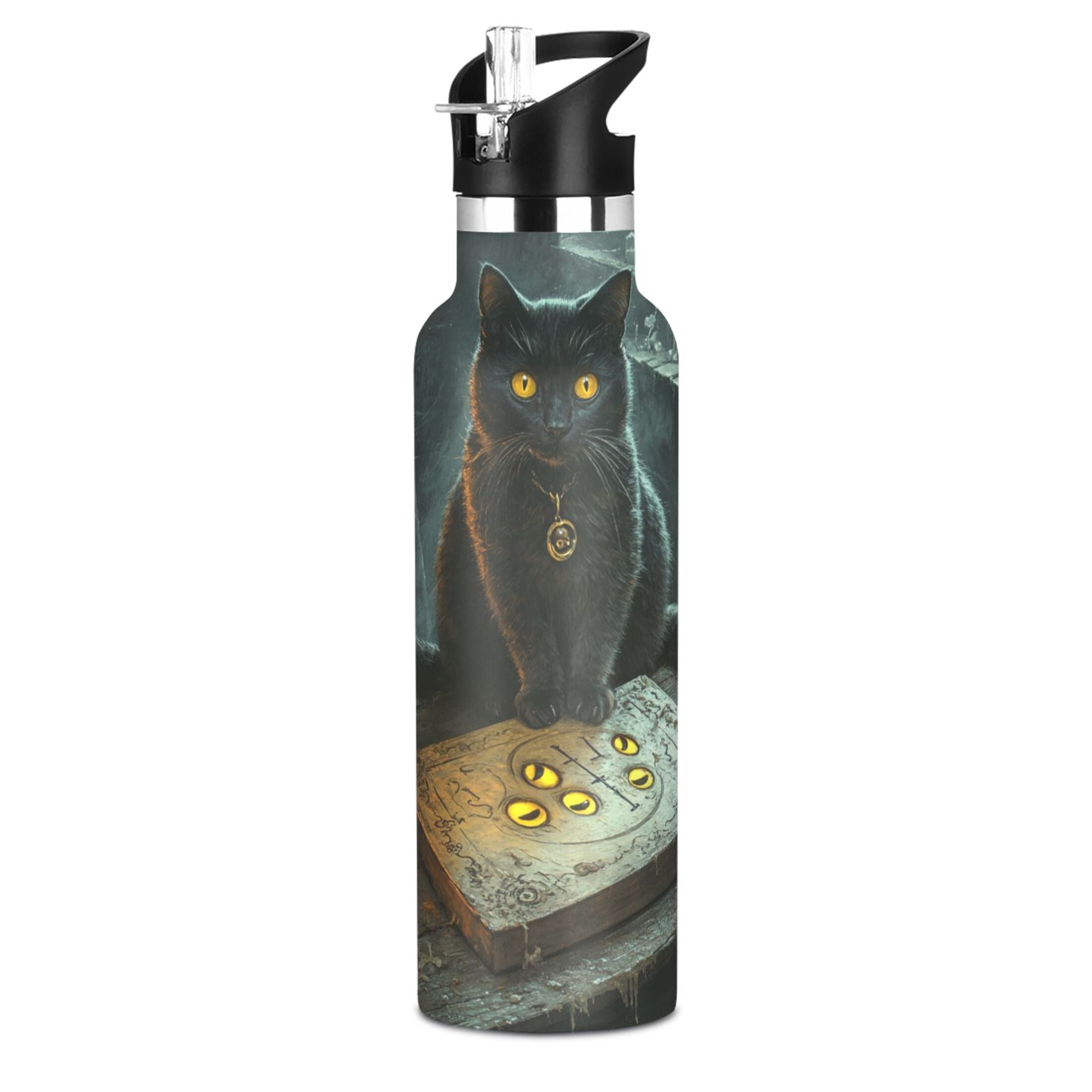 600ML Stainless Steel Insulated Cup Sports Water Bottle Portable Thermos Cup Water Glasses Insulated Tumblers Convenient and Durable Classical Black Cat