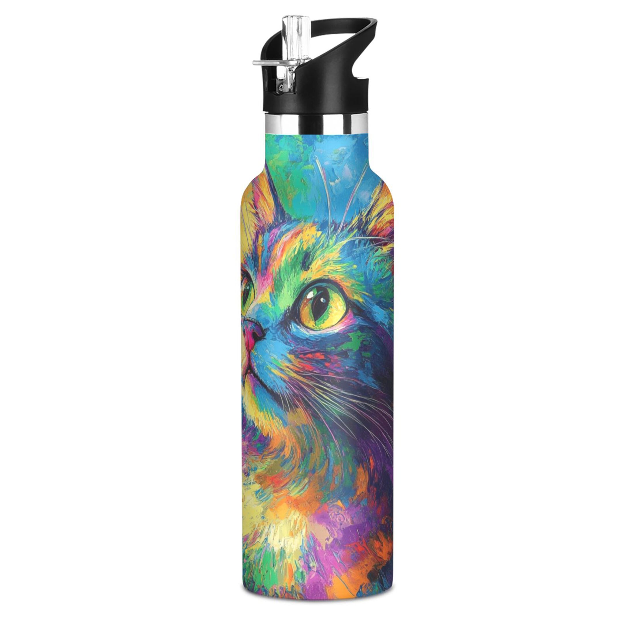 600ML Stainless Steel Insulated Cup Sports Water Bottle Portable Thermos Cup Water Glasses Insulated Tumblers Convenient and Durable Colorful Big-eyed Cat