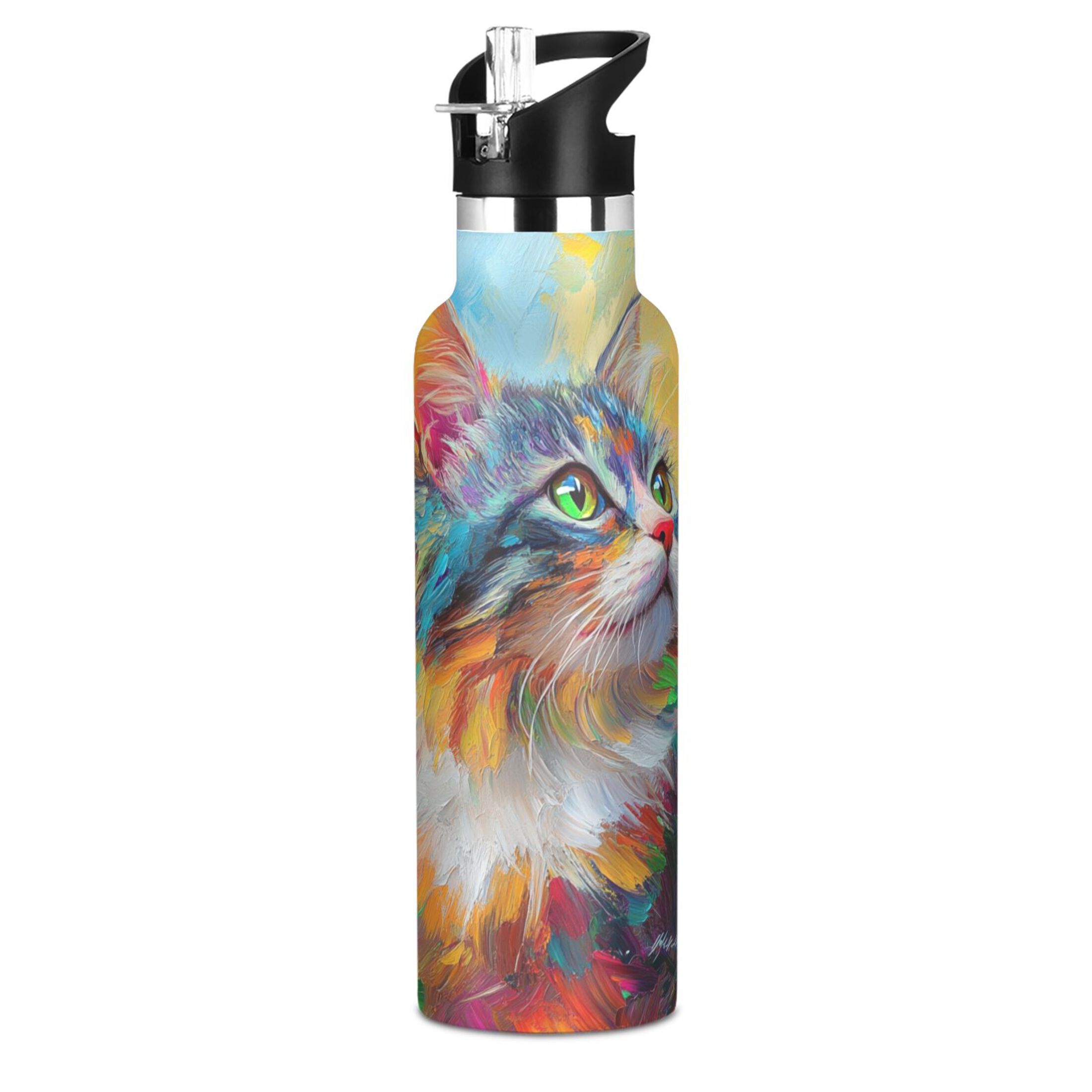 600ML Stainless Steel Insulated Cup Sports Water Bottle Portable Thermos Cup Water Glasses Insulated Tumblers Convenient and Durable Colorful Cartoon Cat