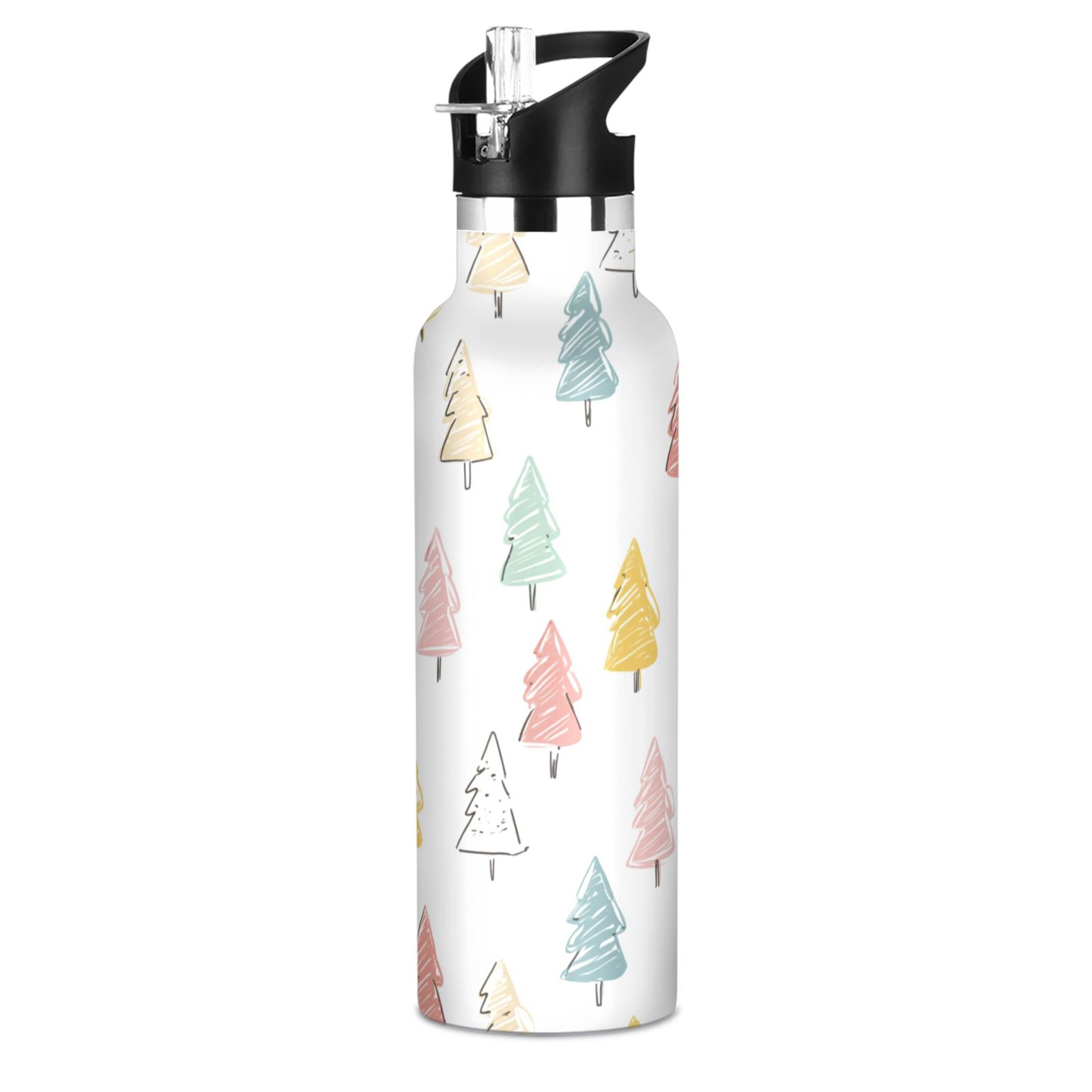600ML Stainless Steel Insulated Cup Sports Water Bottle Portable Thermos Cup Water Glasses Insulated Tumblers Convenient and Durable Colorful Christmas Tree Beautiful