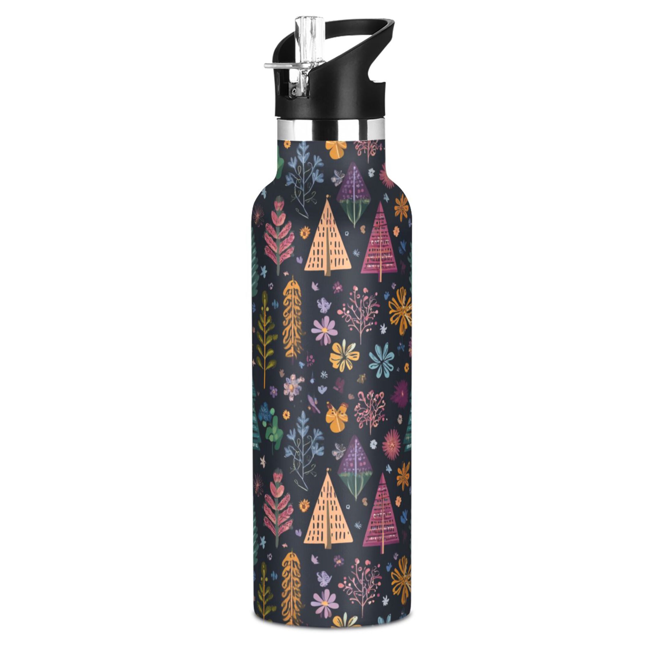 600ML Stainless Steel Insulated Cup Sports Water Bottle Portable Thermos Cup Water Glasses Insulated Tumblers Convenient and Durable Colorful Christmas Trees