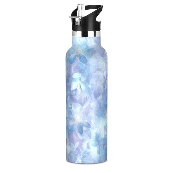 600ML Stainless Steel Insulated Cup Sports Water Bottle Portable Thermos Cup Water Glasses Insulated Tumblers Convenient and Durable Cool Ice Blue Flowers Art