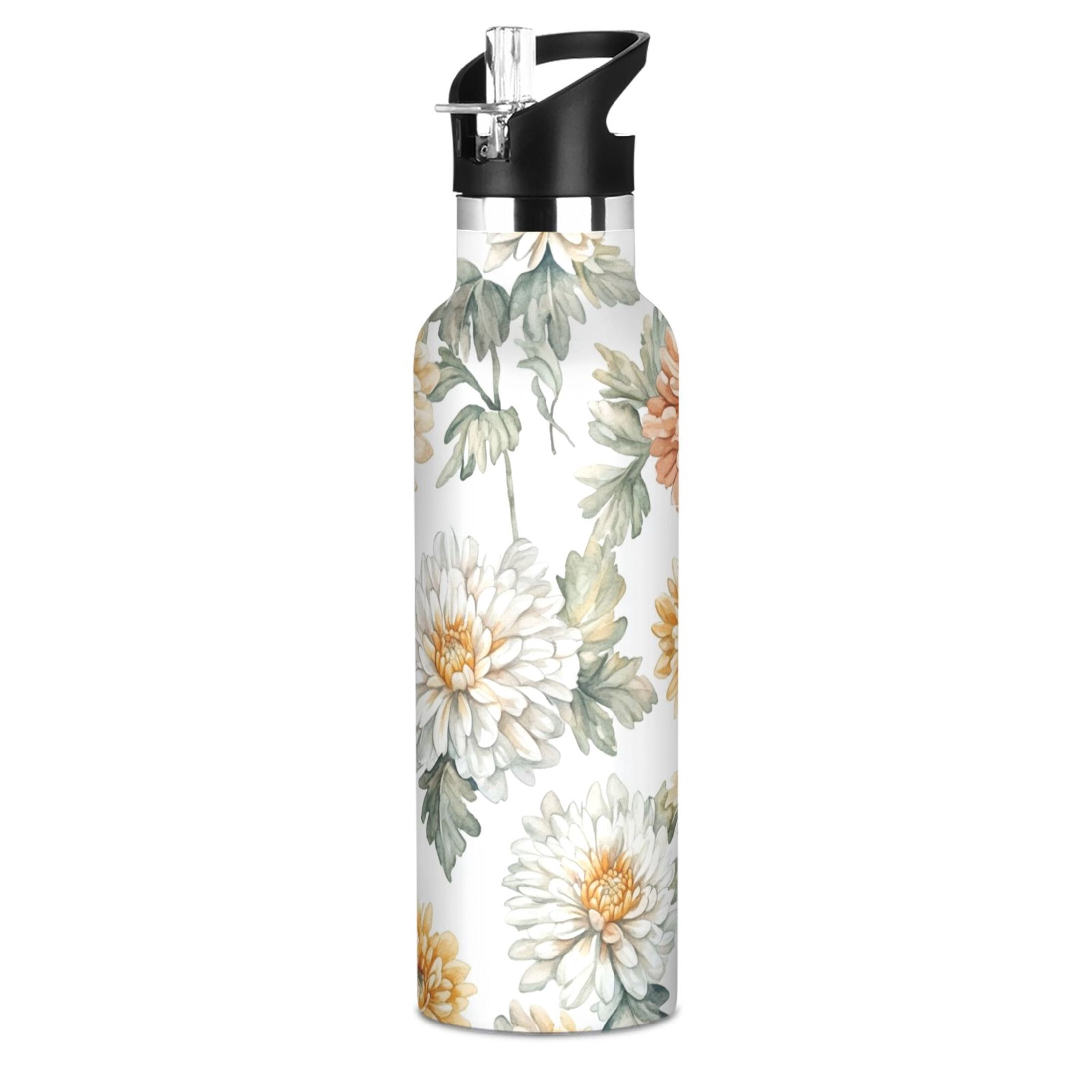 600ML Stainless Steel Insulated Cup Sports Water Bottle Portable Thermos Cup Water Glasses Insulated Tumblers Convenient and Durable Coral Chrysanthemums