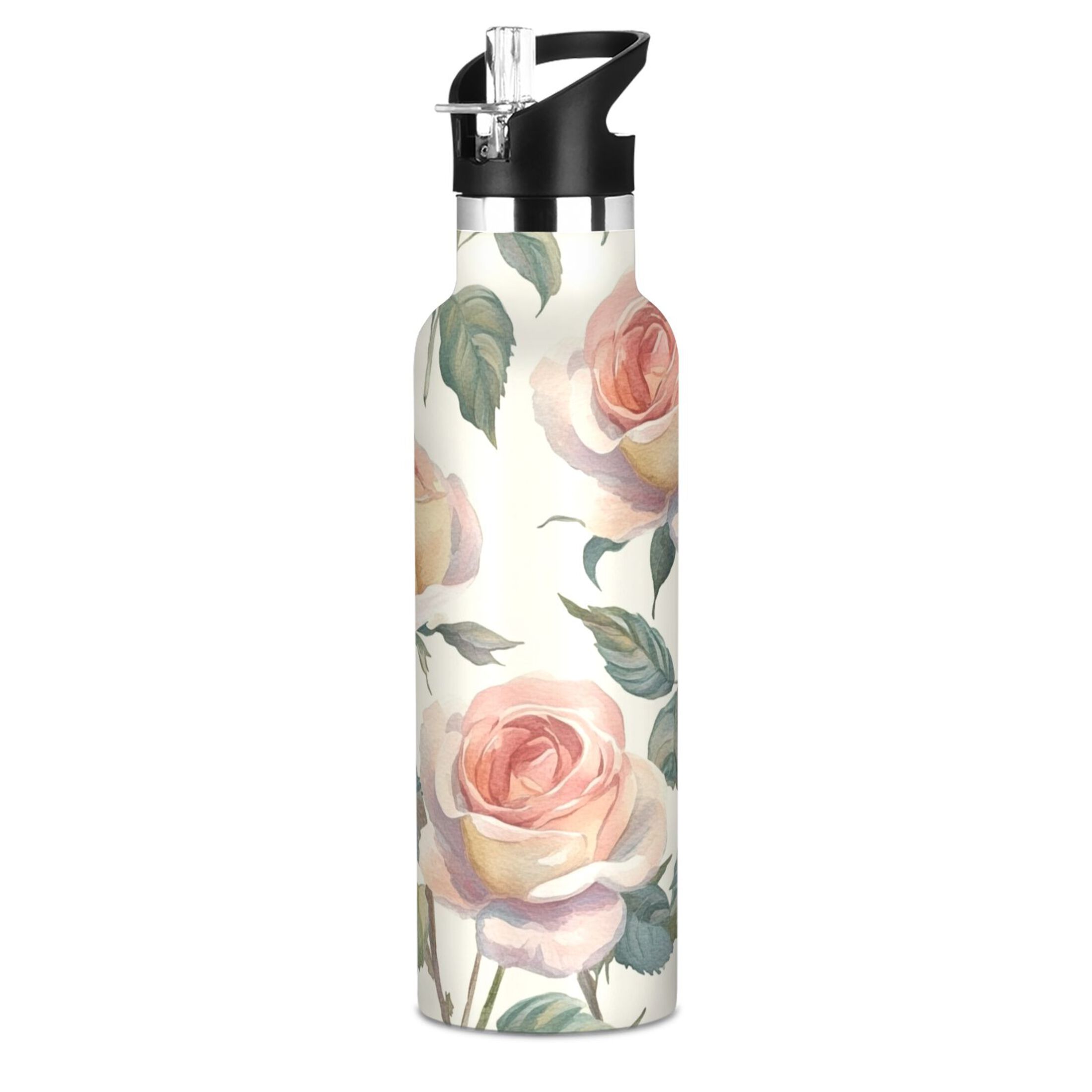 600ML Stainless Steel Insulated Cup Sports Water Bottle Portable Thermos Cup Water Glasses Insulated Tumblers Convenient and Durable Coral Roses Seamless