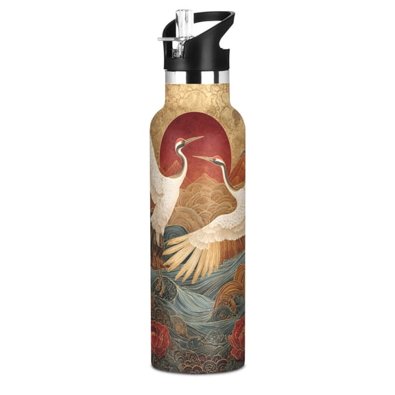 600ML Stainless Steel Insulated Cup Sports Water Bottle Portable Thermos Cup Water Glasses Insulated Tumblers Convenient and Durable Cranes Soaring Sunset