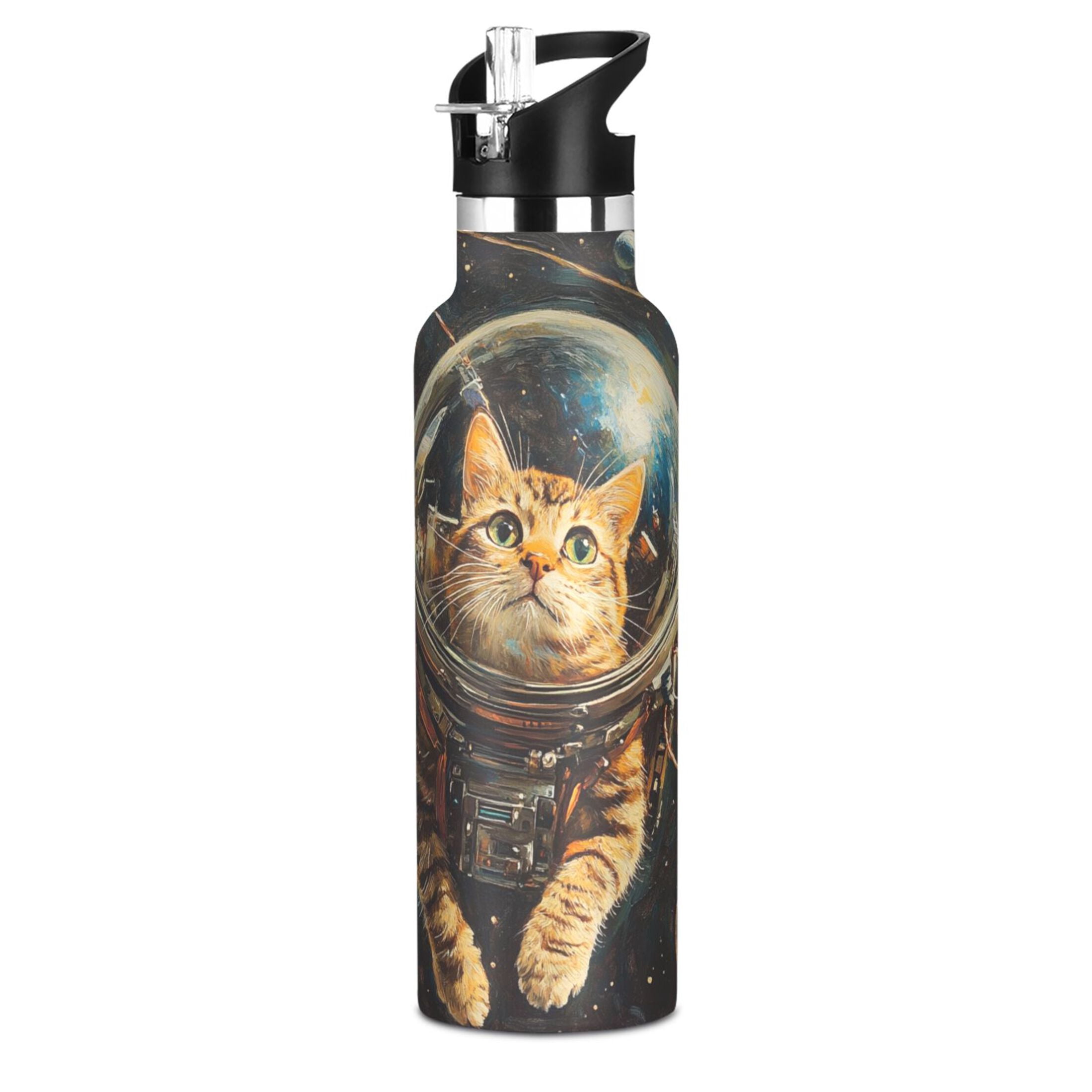 600ML Stainless Steel Insulated Cup Sports Water Bottle Portable Thermos Cup Water Glasses Insulated Tumblers Convenient and Durable Cute Astronaut Cat