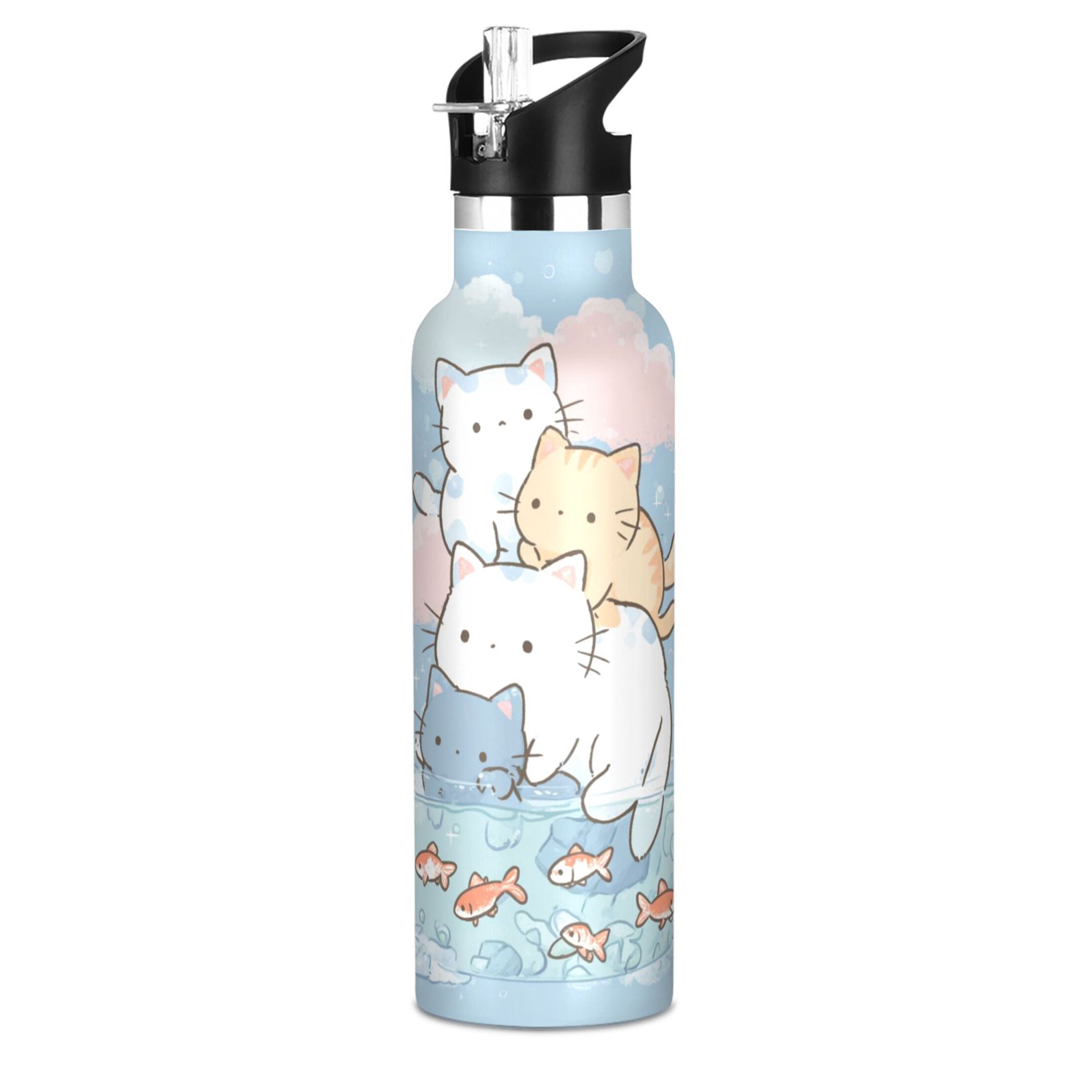 600ML Stainless Steel Insulated Cup Sports Water Bottle Portable Thermos Cup Water Glasses Insulated Tumblers Convenient and Durable Cute Cat and Fish
