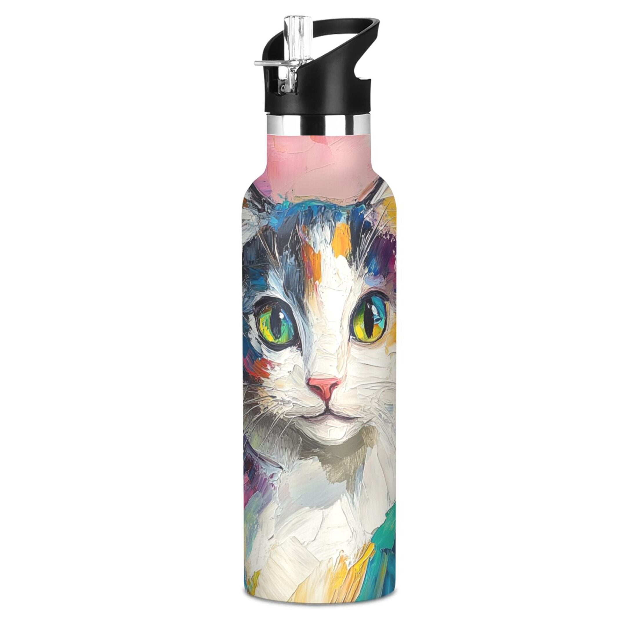 600ML Stainless Steel Insulated Cup Sports Water Bottle Portable Thermos Cup Water Glasses Insulated Tumblers Convenient and Durable Cute Cat in Oil Painting
