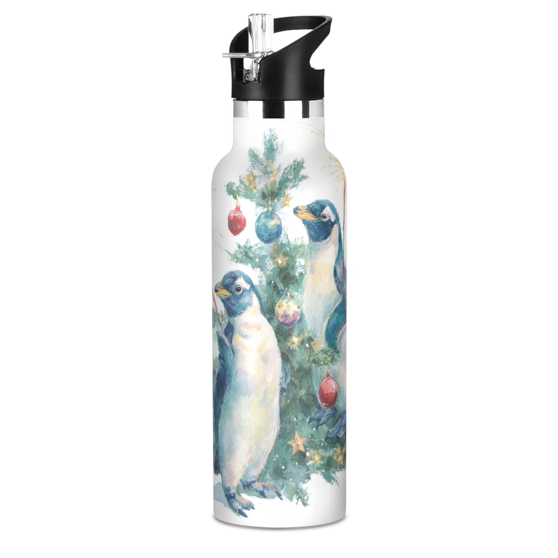 600ML Stainless Steel Insulated Cup Sports Water Bottle Portable Thermos Cup Water Glasses Insulated Tumblers Convenient and Durable Cute Christmas Penguins