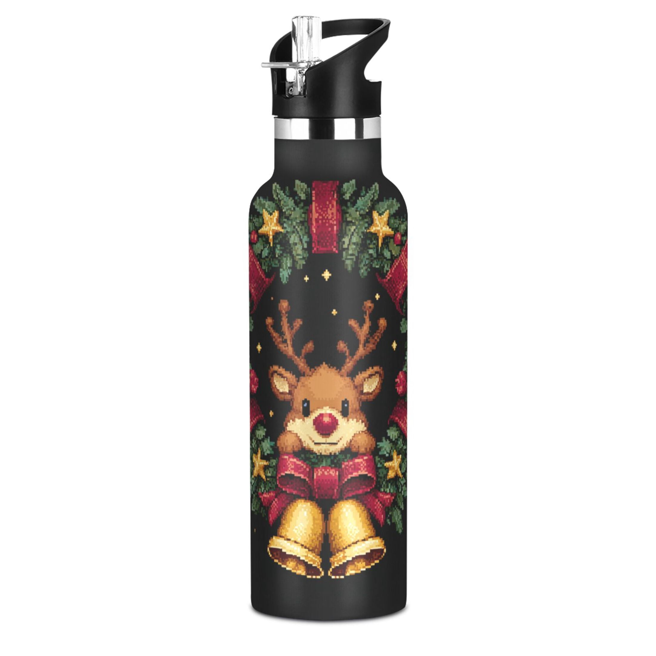 600ML Stainless Steel Insulated Cup Sports Water Bottle Portable Thermos Cup Water Glasses Insulated Tumblers Convenient and Durable Cute Christmas Reindeer