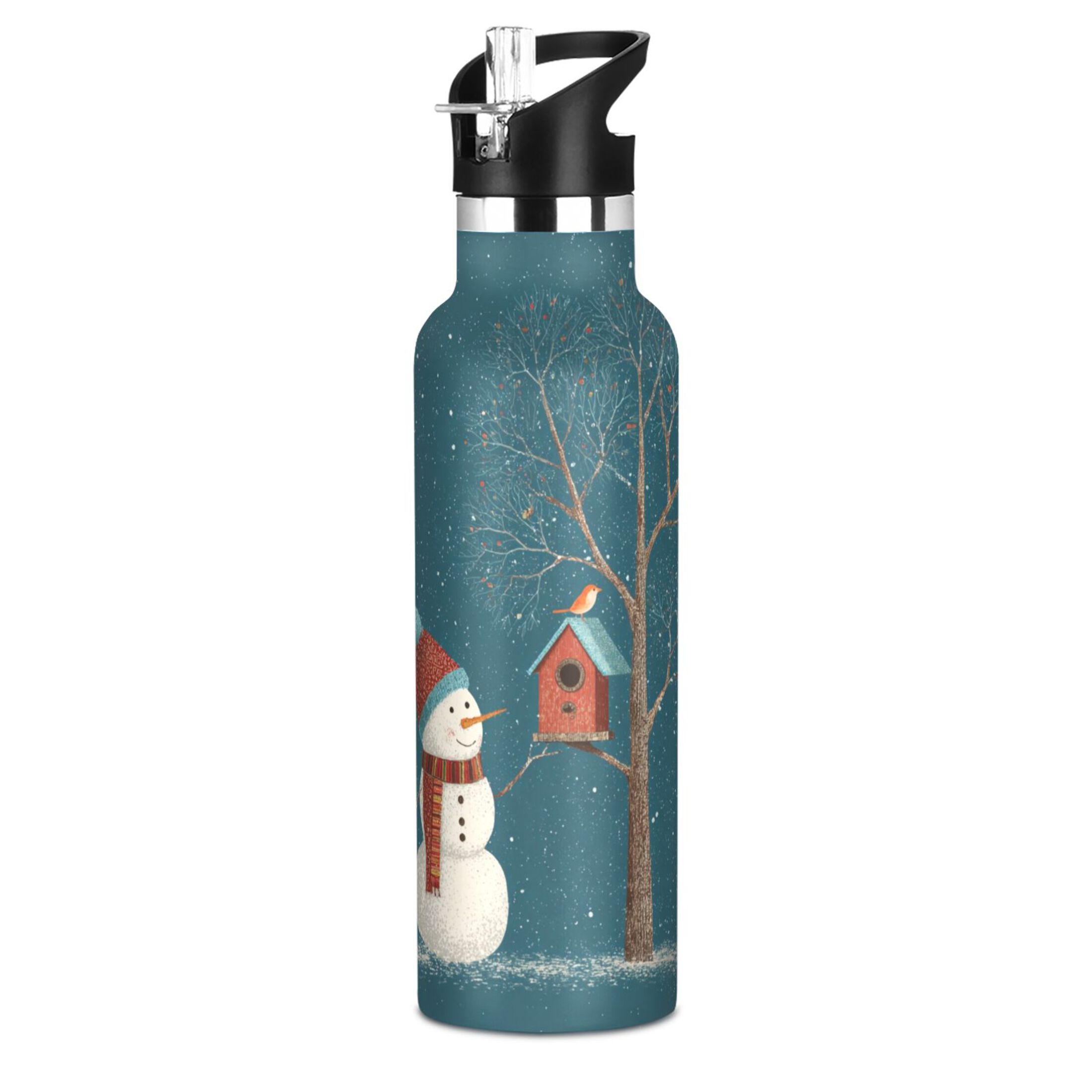 600ML Stainless Steel Insulated Cup Sports Water Bottle Portable Thermos Cup Water Glasses Insulated Tumblers Convenient and Durable Cute Christmas Snowmen and Bird
