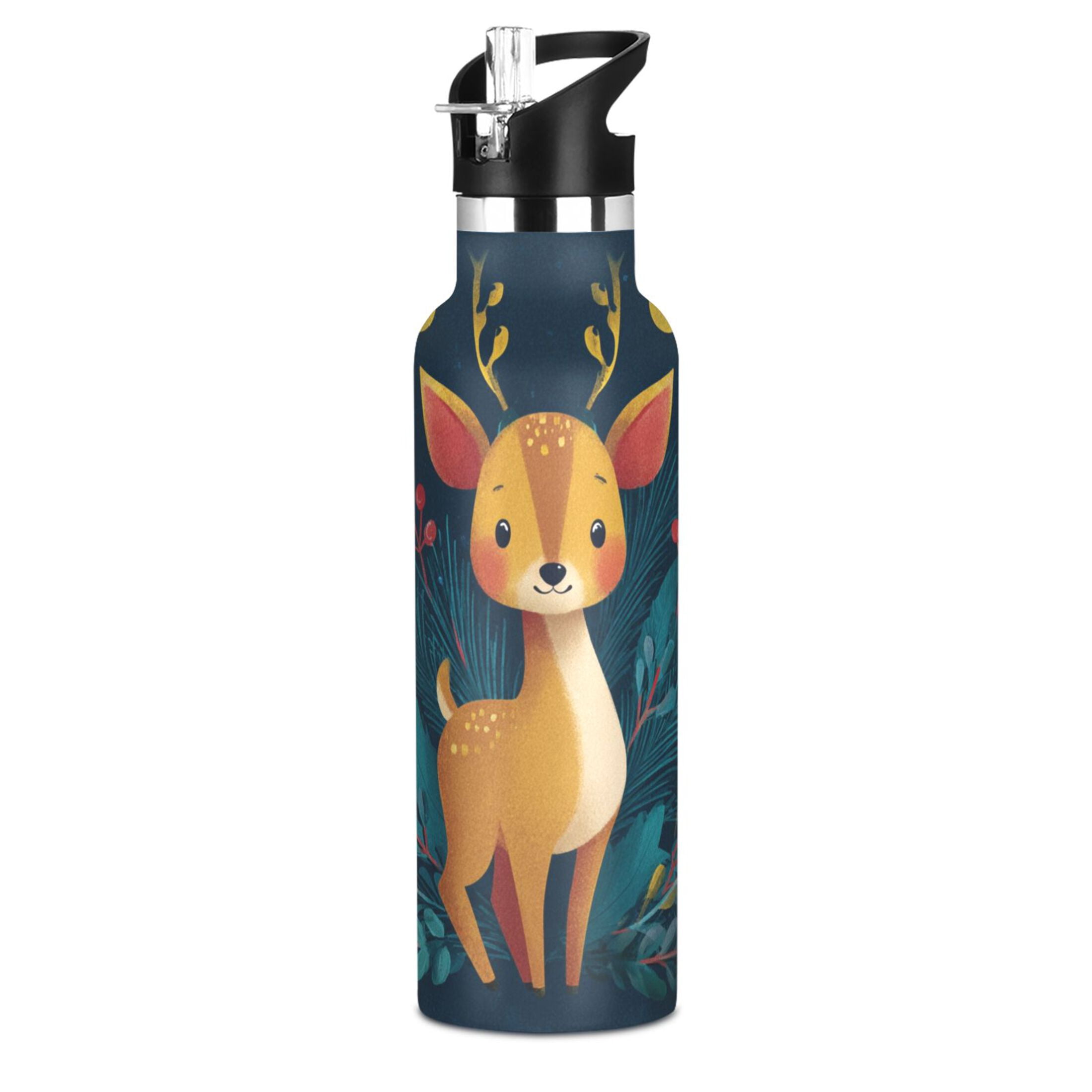 600ML Stainless Steel Insulated Cup Sports Water Bottle Portable Thermos Cup Water Glasses Insulated Tumblers Convenient and Durable Cute Orange Christmas Deer