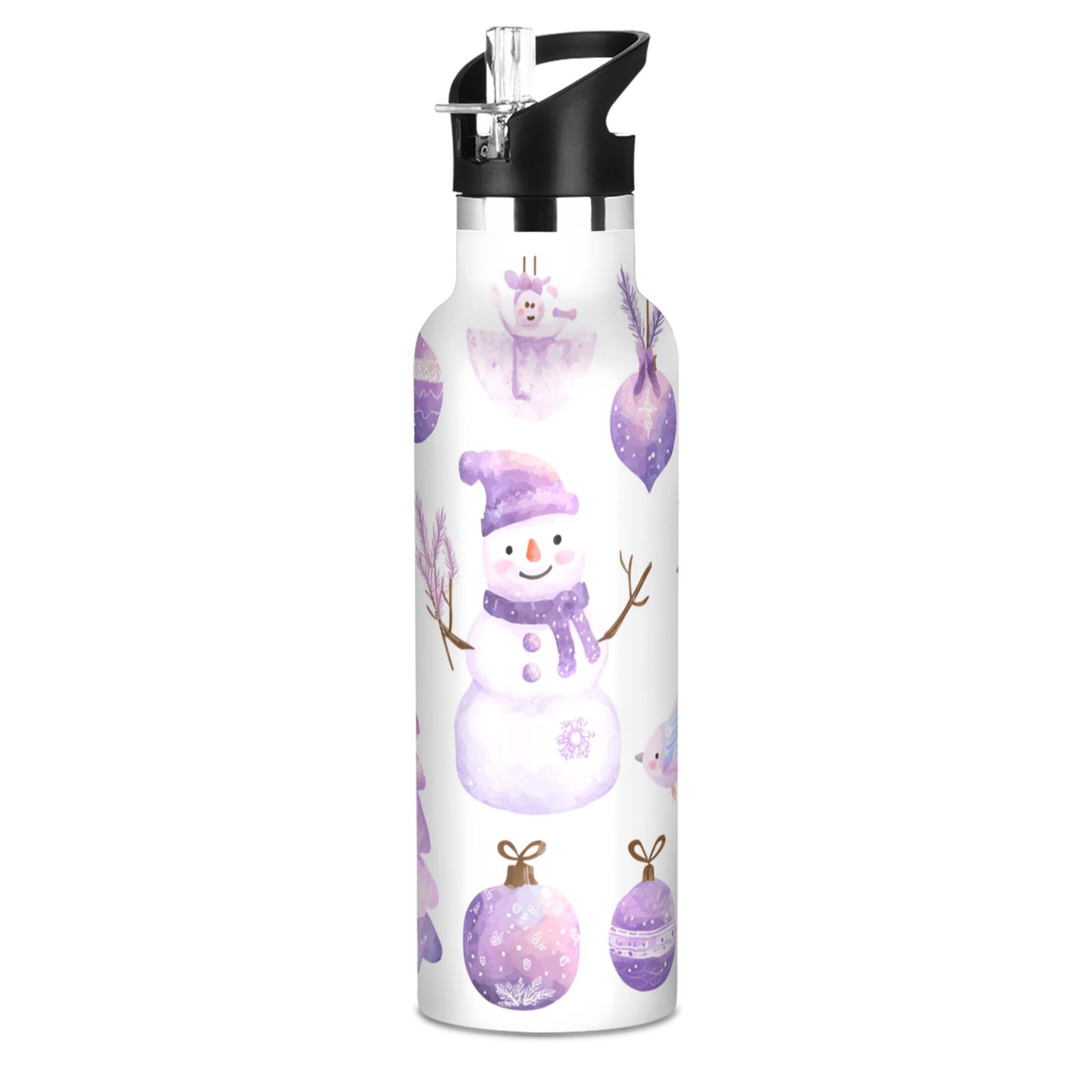600ML Stainless Steel Insulated Cup Sports Water Bottle Portable Thermos Cup Water Glasses Insulated Tumblers Convenient and Durable Cute Purple Christmas Snowman