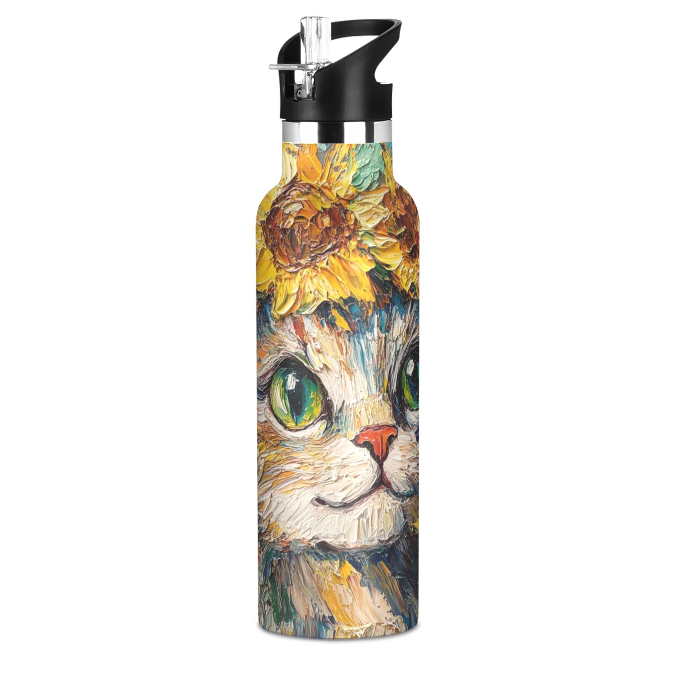 600ML Stainless Steel Insulated Cup Sports Water Bottle Portable Thermos Cup Water Glasses Insulated Tumblers Convenient and Durable Cute Sunflower Cat