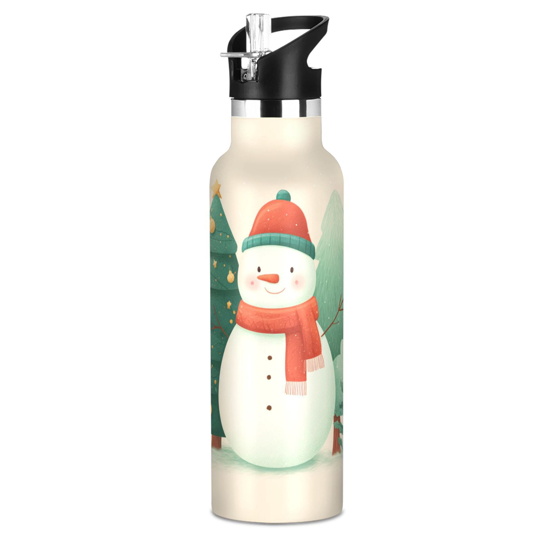 600ML Stainless Steel Insulated Cup Sports Water Bottle Portable Thermos Cup Water Glasses Insulated Tumblers Convenient and Durable A Cute Watercolor Christmas Snowman