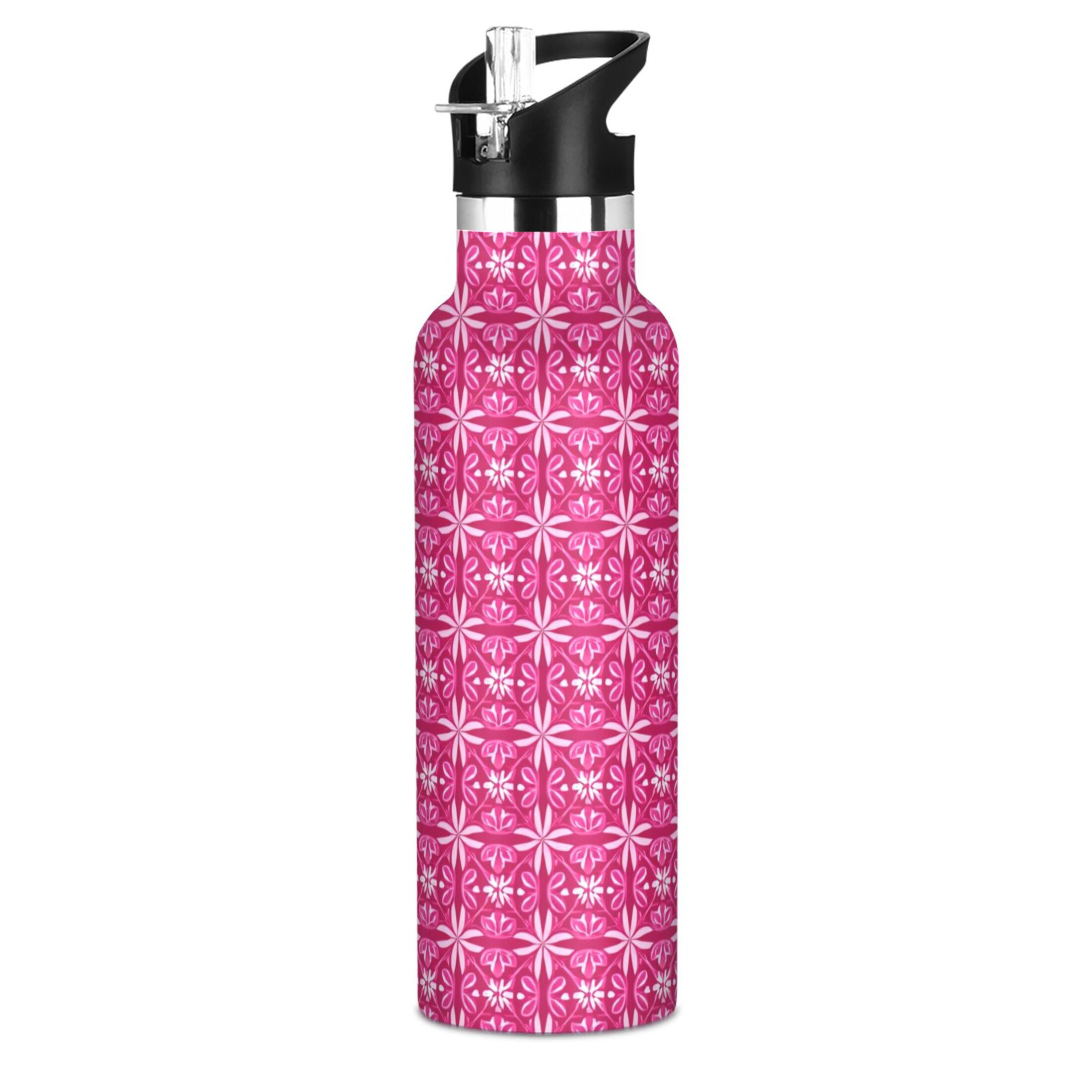 600ML Stainless Steel Insulated Cup Sports Water Bottle Portable Thermos Cup Water Glasses Insulated Tumblers Convenient and Durable Dark Pink Pattern