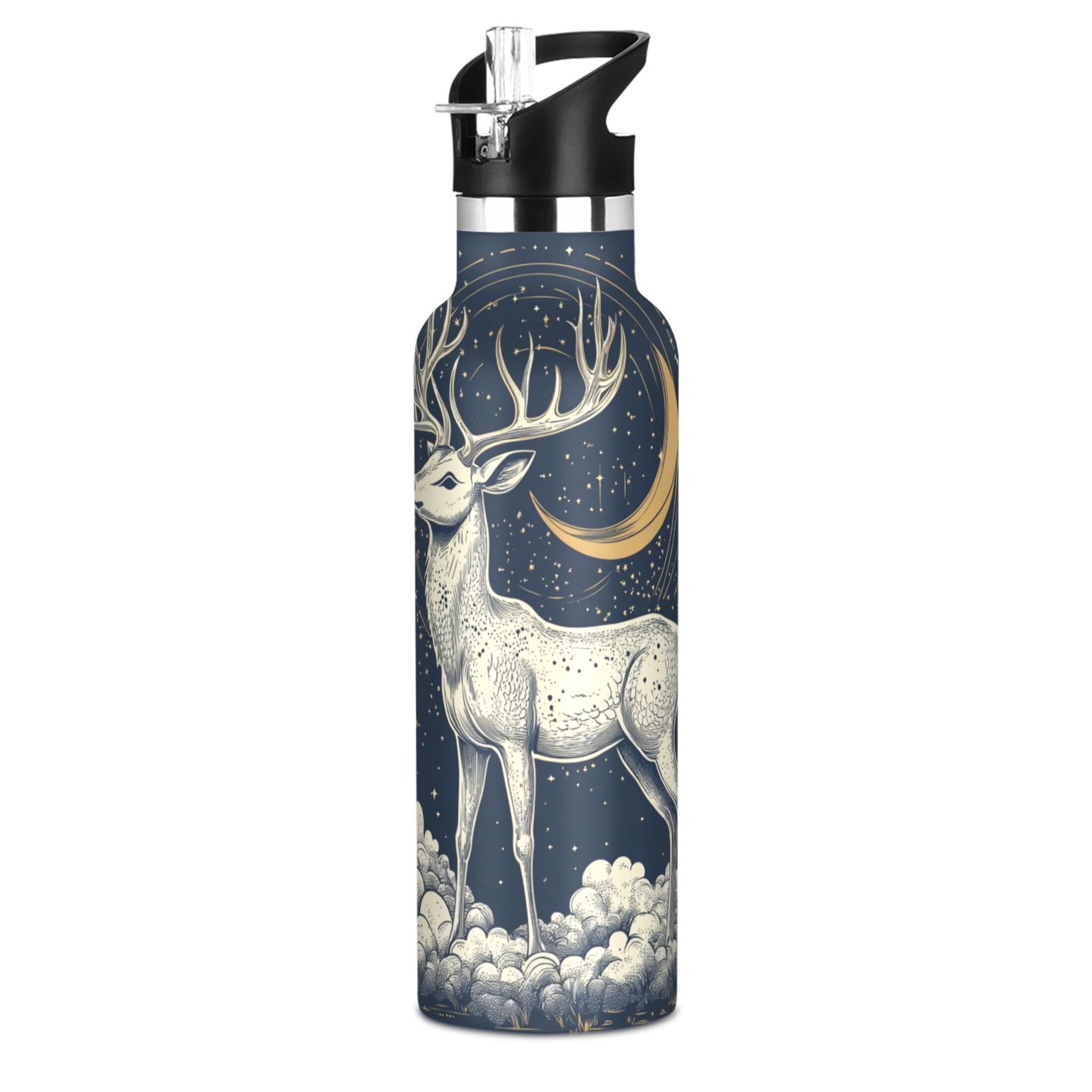 600ML Stainless Steel Insulated Cup Sports Water Bottle Portable Thermos Cup Water Glasses Insulated Tumblers Convenient and Durable Deer under The Moon